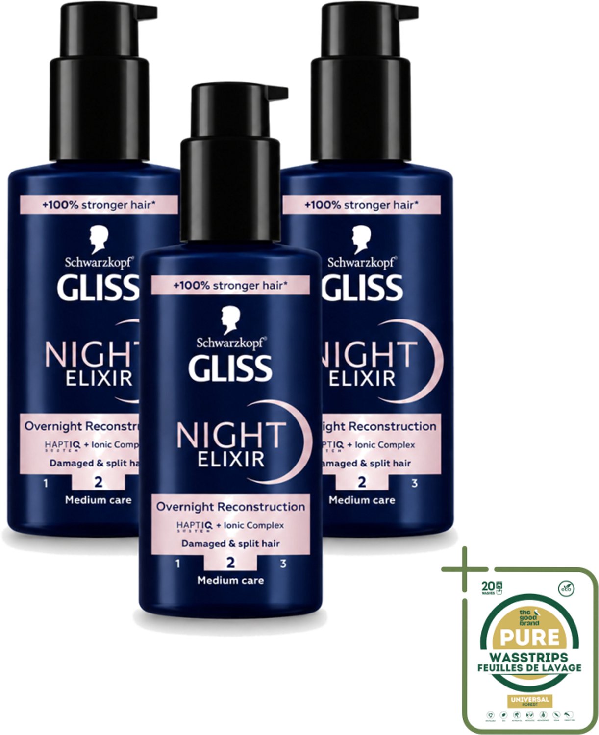 3 x Gliss - Haarserum - Night Elixer Overnight Reconstruction - Tegen Gespleten Haarpunten - 100 ml - Wasstrips - Haarschade - Gespleten Haarpunten - Nachtserum - Haarherstel - Haarverzegeling