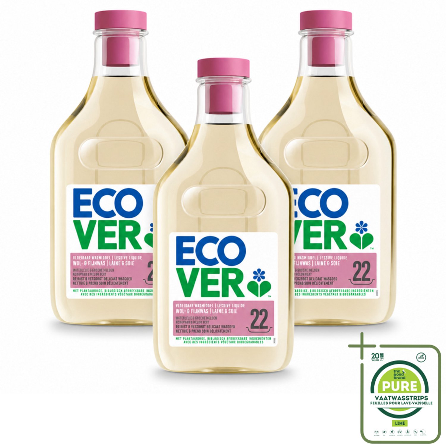 3 x Ecover - Vloeibaar wasmiddel - Wol & Fijnwas - 1 liter - 22 wasbeurten - Grootverpakking - Vaatwasstrips - Zachte Wasmiddelen - Wol Wasmiddel - Fijnwas - Delicate Stoffen - Biologisch Afbreekbaar