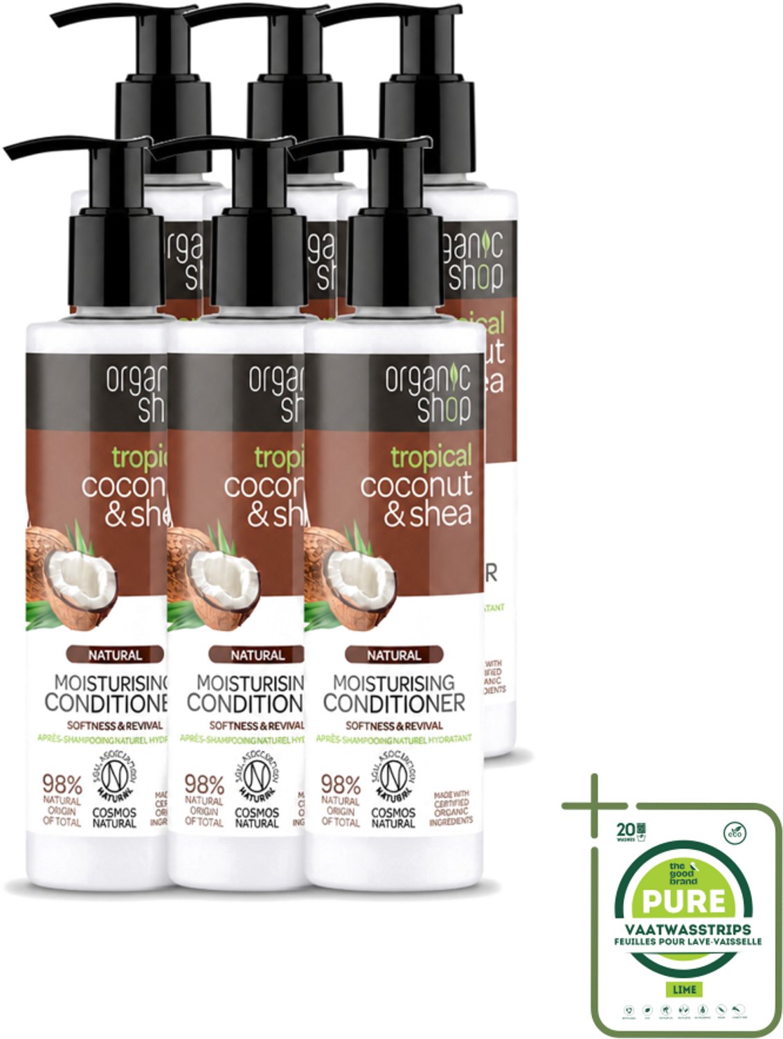 6 x Organic Shop - Coconut & Shea Conditioner - Verzorgend en Voedend - 280 ml - Grootverpakking - Vaatwasstrips - Haarverzorging - Natuurlijke Conditioner - Kokosolie - Shea - Hydratatie