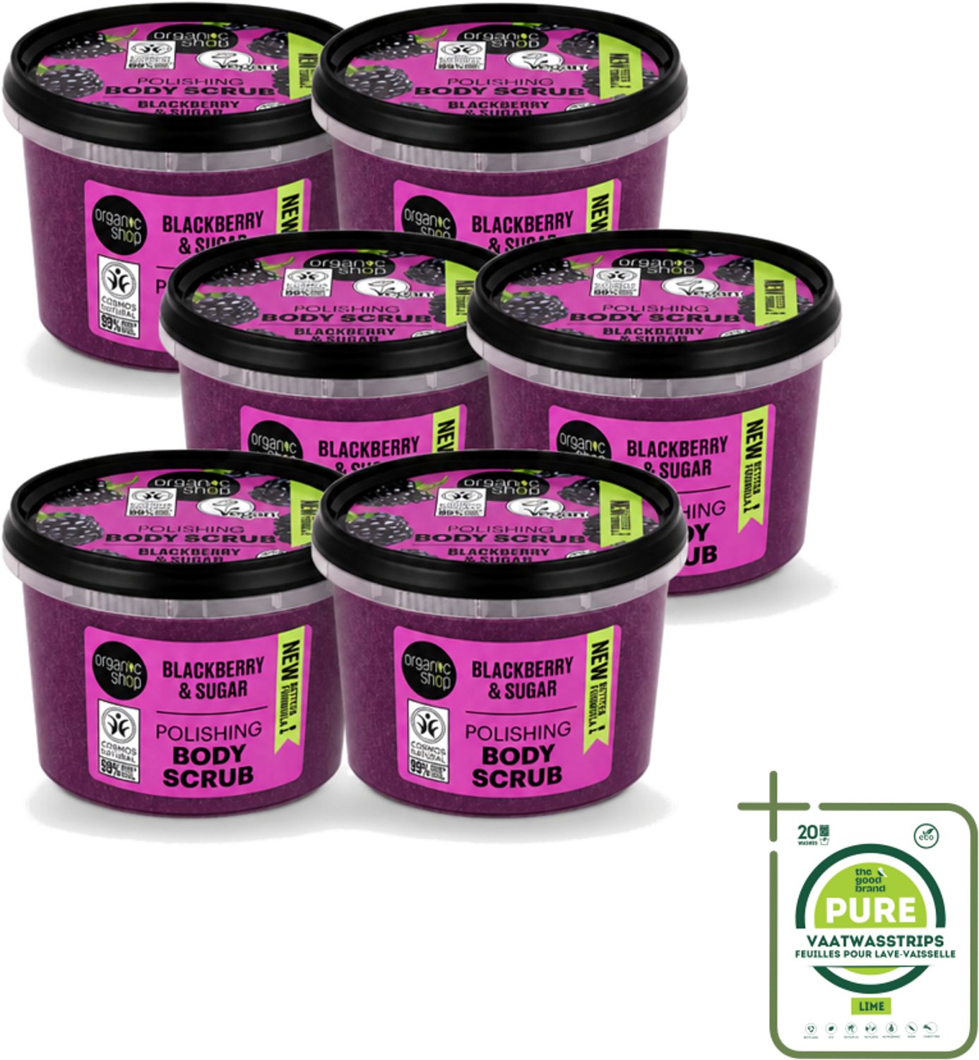 6 x Organic Shop - Body Scrub Blackberry - Verfrissend en Hydraterend - 250 ml - Grootverpakking - Vaatwasstrips - Bodyscrub - Exfoliatie - Huidverzorging - Braamextract - Natuurlijke Suiker