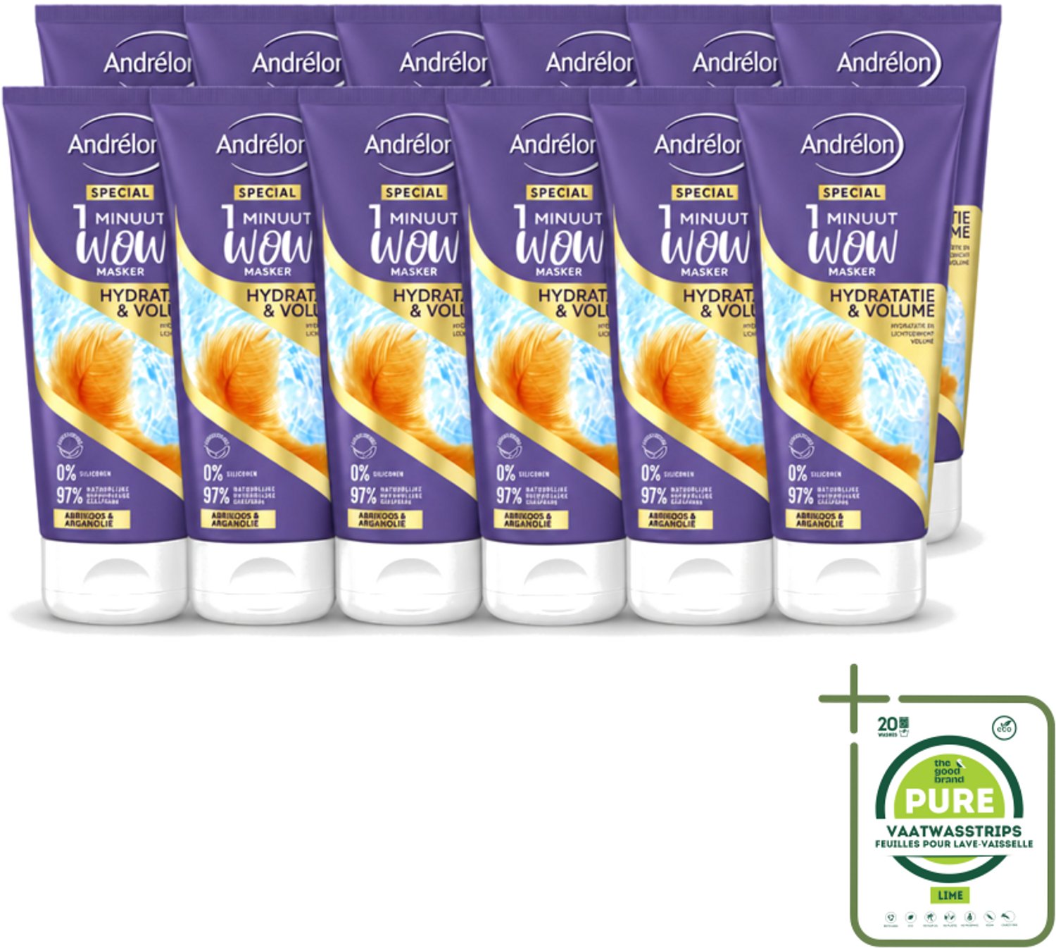 12 x Andrélon - WOW - 1 Minuut Masker - Hydratatie & Volume - 180 ml - Grootverpakking - Vaatwasstrips - 1 Minuut Masker - Hydratatie Haar - Volume Haar - Fijn Haar Verzorging - Luchtig Haar