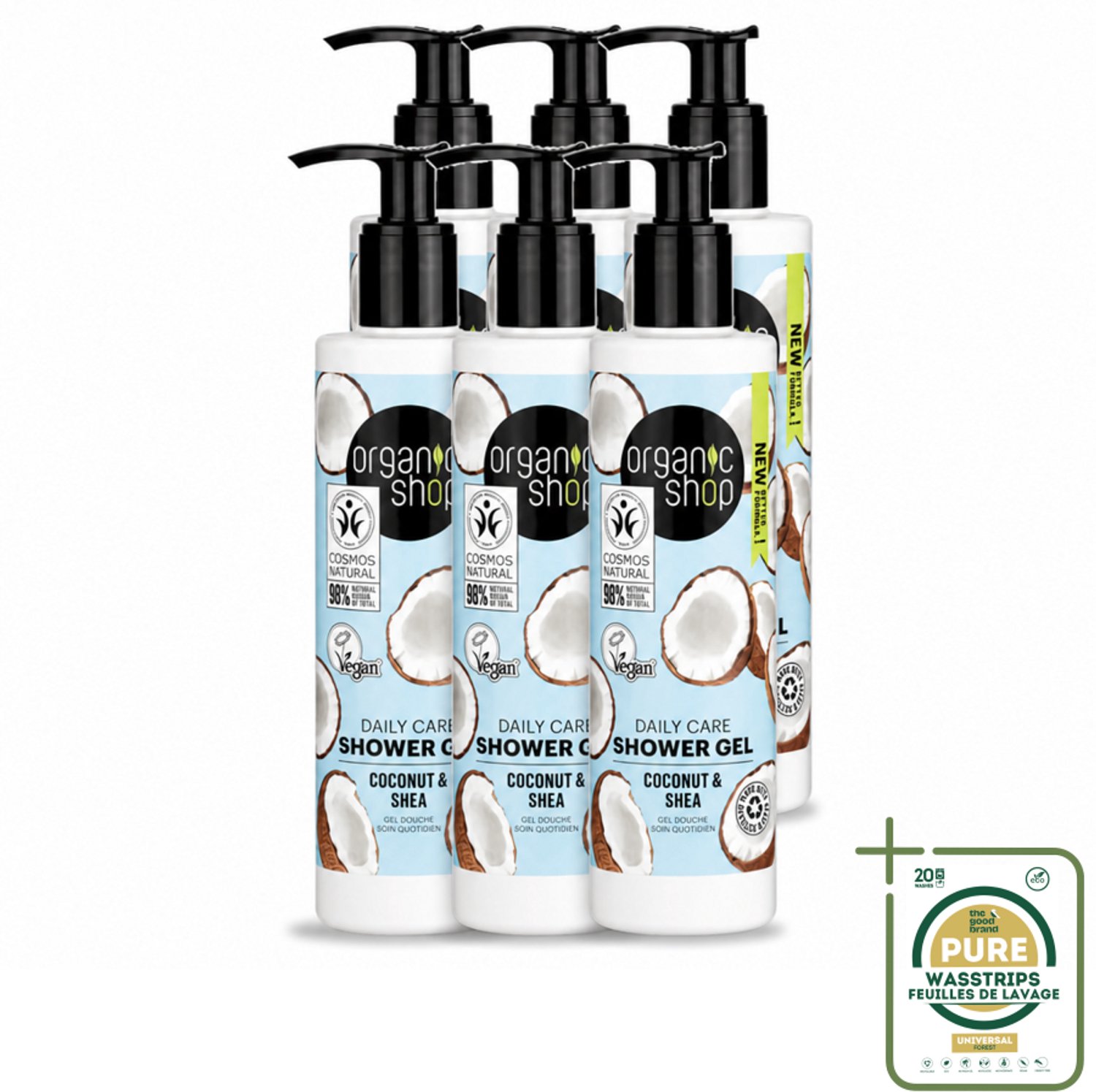 6 x Organic Shop - Daily Care Coconut & Shea Shower Gel - Hydratatie & Verzorging - 280 ml - Wasstrips - Douchegel - Natuurlijke Douchegel - Hydraterende Douchegel - Biologische Douchegel - Kokosdouchegel