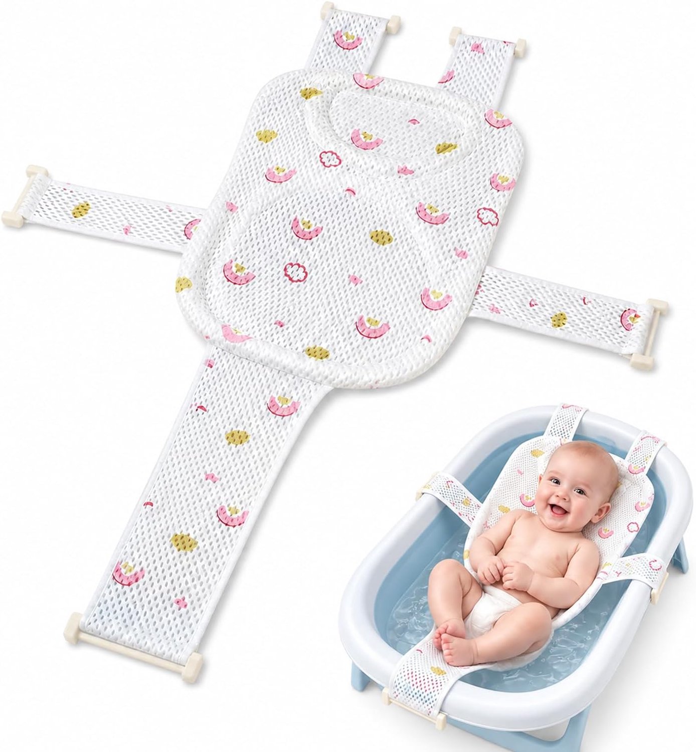 Babybadkussen, opvouwbaar antislip badnet voor baby's, zacht badkussen voor pasgeborenen met veiligheidsgordel, comfortabel babybadkussen voor 0-6 maanden, ideaal voor thuis