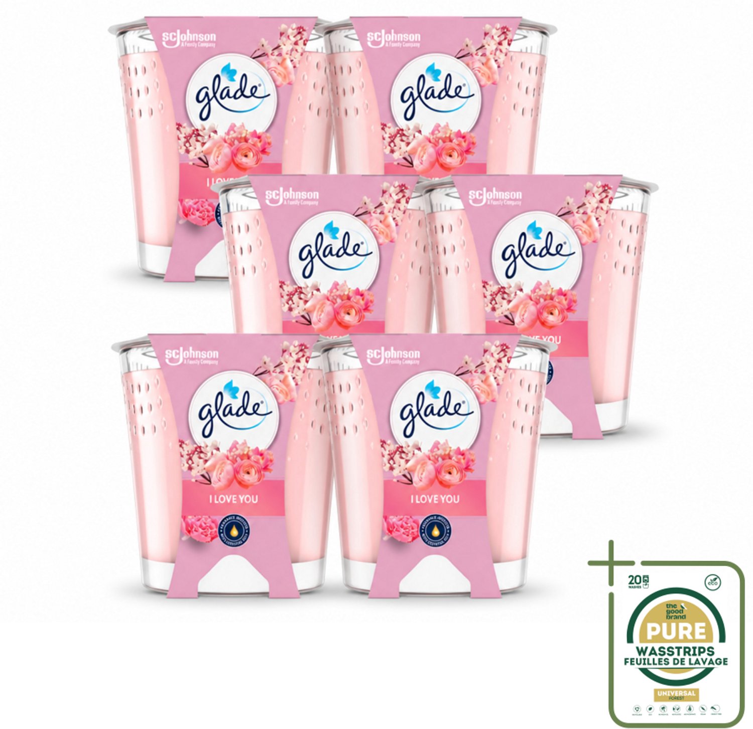 6 x Glade - Geurkaars I Love You - 100% Raapzaadwas & Vegan - 112 g - Wasstrips - Geurkaars - Vegan - Duurzaam - Bloemige Geur - I Love You