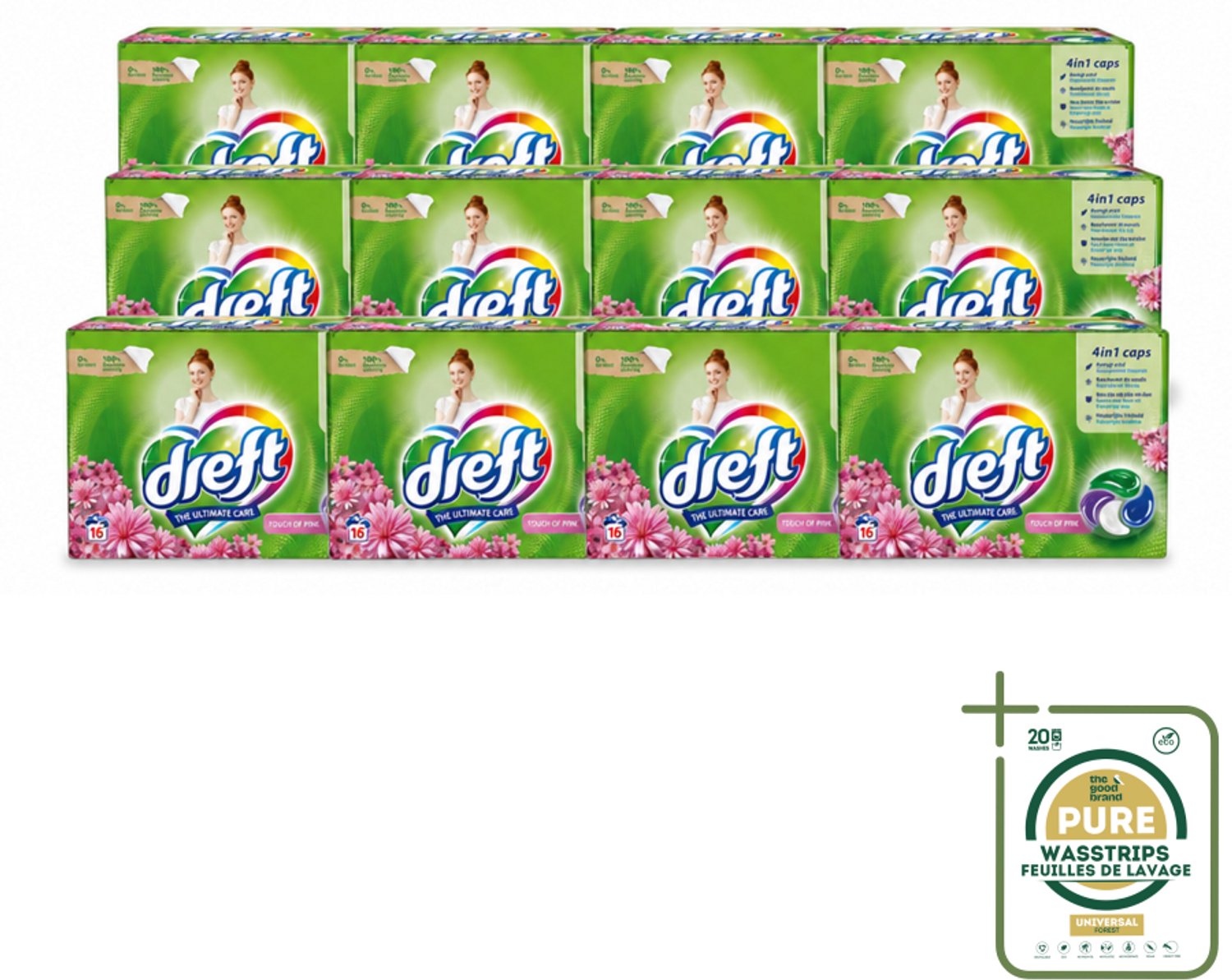 12 x Dreft - Wasmiddelcapsules - Touch of Pink - Geurige verzorging - 16 Wasbeurten - Wasstrips - Wasmiddelcapsules - Plasticvrije Wasmiddel - Duurzame Wasmiddel - Geurige Wasmiddel - Kleurbehoudende Wasmiddel
