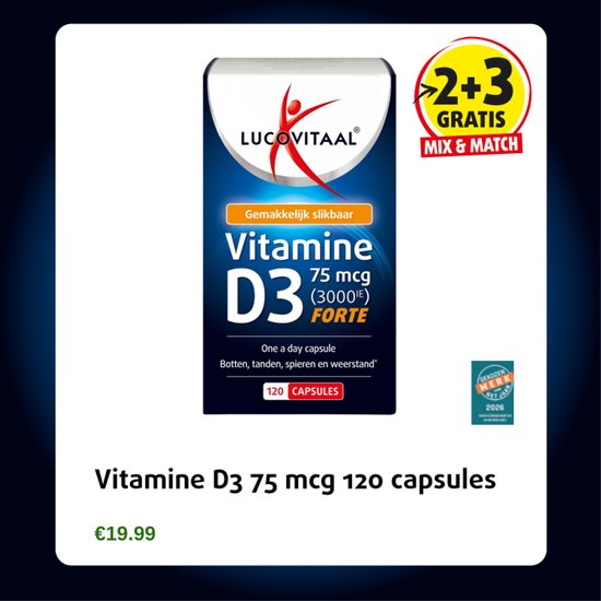 Lucovitaal Vitamine D3 Forte aanbieding: 2+3 GRATIS MIX & MATCH, 120 capsules.