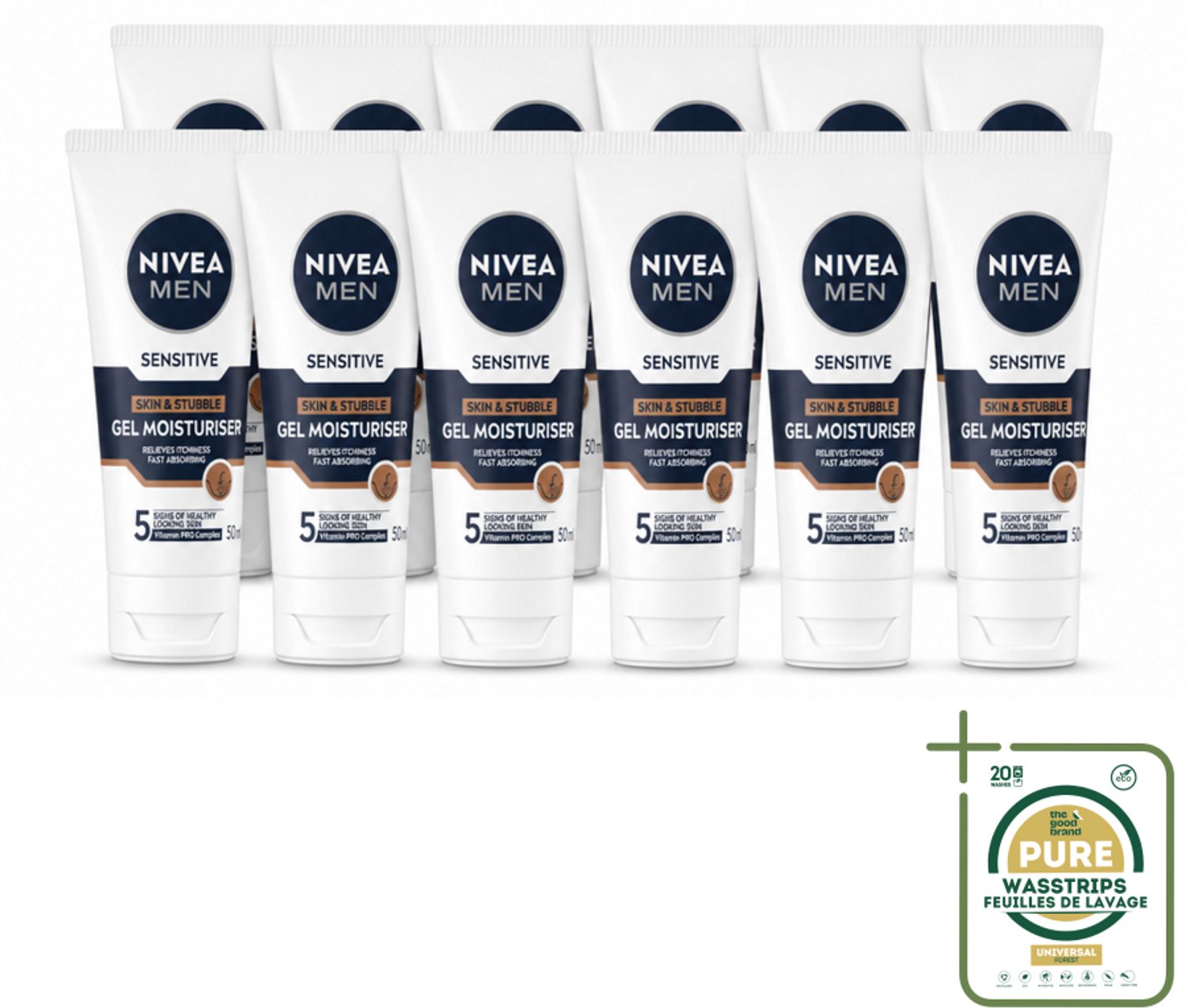 12 x NIVEA MEN - Sensitive - Gezichtsgel Huid & Stoppelbaard - 50 ml - Wasstrips - Gevoelige Huid Verzorging - Gezichtsgel Mannen - Stoppelbaard Verzorging - Alcoholvrije Gezichtsgel - Huidverlichting