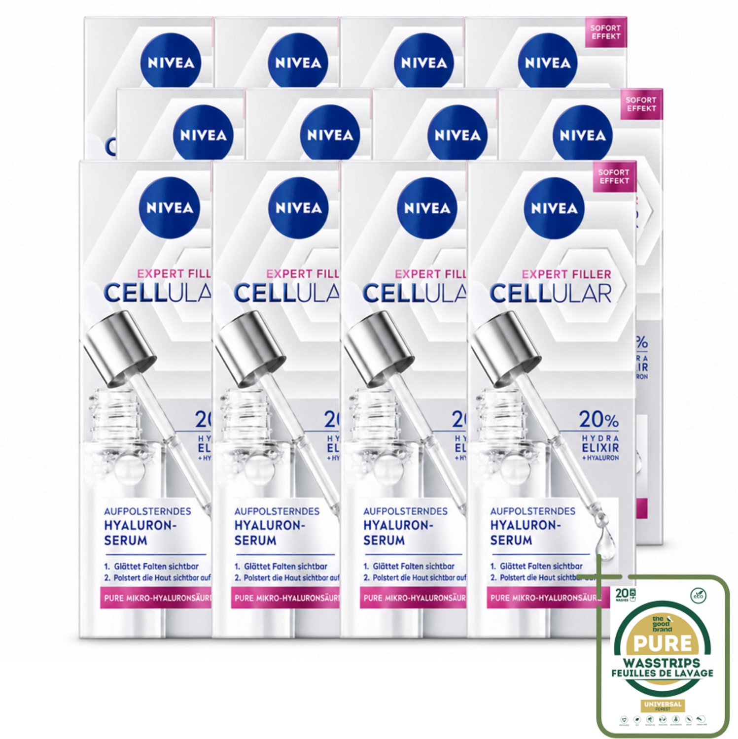 12 x Nivea - Cellular - Expert Filler Hyaluronzuur Serum - Rimpelvullend en Hydraterend - 15 ml - Wasstrips - Hyaluronzuur Serum - Rimpelvulling - Hydratatie - Anti-aging Serum - Huidverzorging