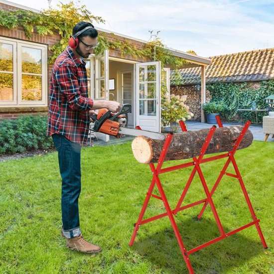 Zaagbok, inklapbaar zaagpaard, houtzaagbok voor kettingzaag en handzaag, houtsnijbok als zaaghulp, hout zagen, licht gemaakt, tot 100 kg, rood — afbeelding 2