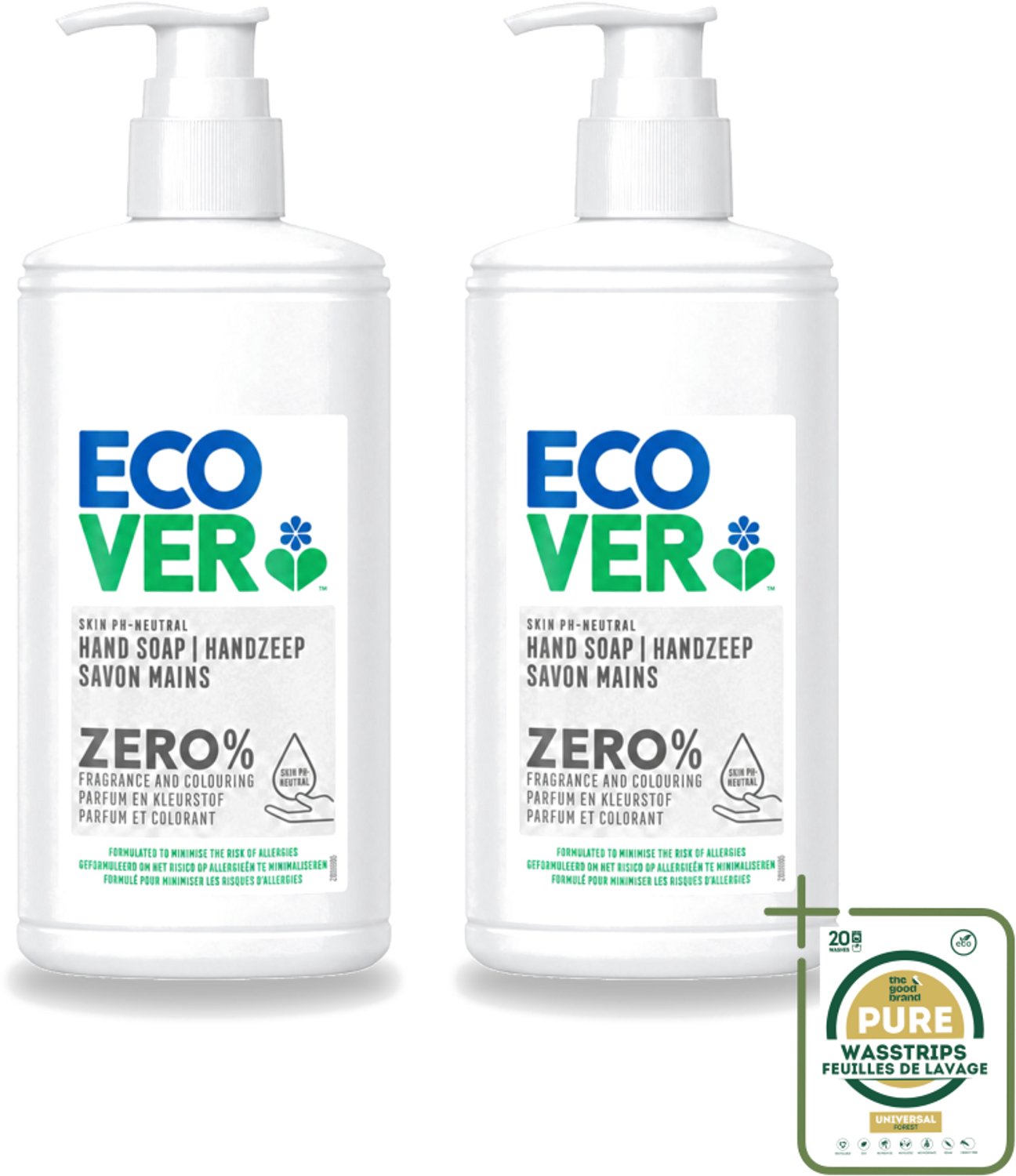2 x Ecover - Handzeep ZERO - Parfumvrij - 250 ml - Wasstrips - Handzeep Zero - Parfumvrij Handzeep - Hypoallergene Handzeep - Gevoelige Huid - Eczeem Handzeep