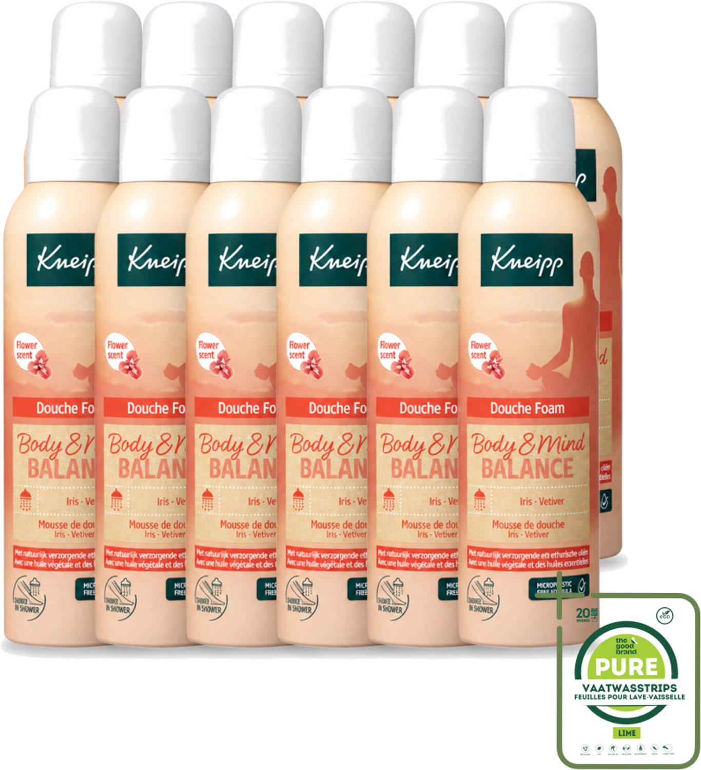 12 x Kneipp - Douche schuim - Body & Mind Balance - Iris & Vetiver - 200 ml - Grootverpakking - Vaatwasstrips - Douche Foam - Rust - Ontspanning - Balans - Huidverzorging