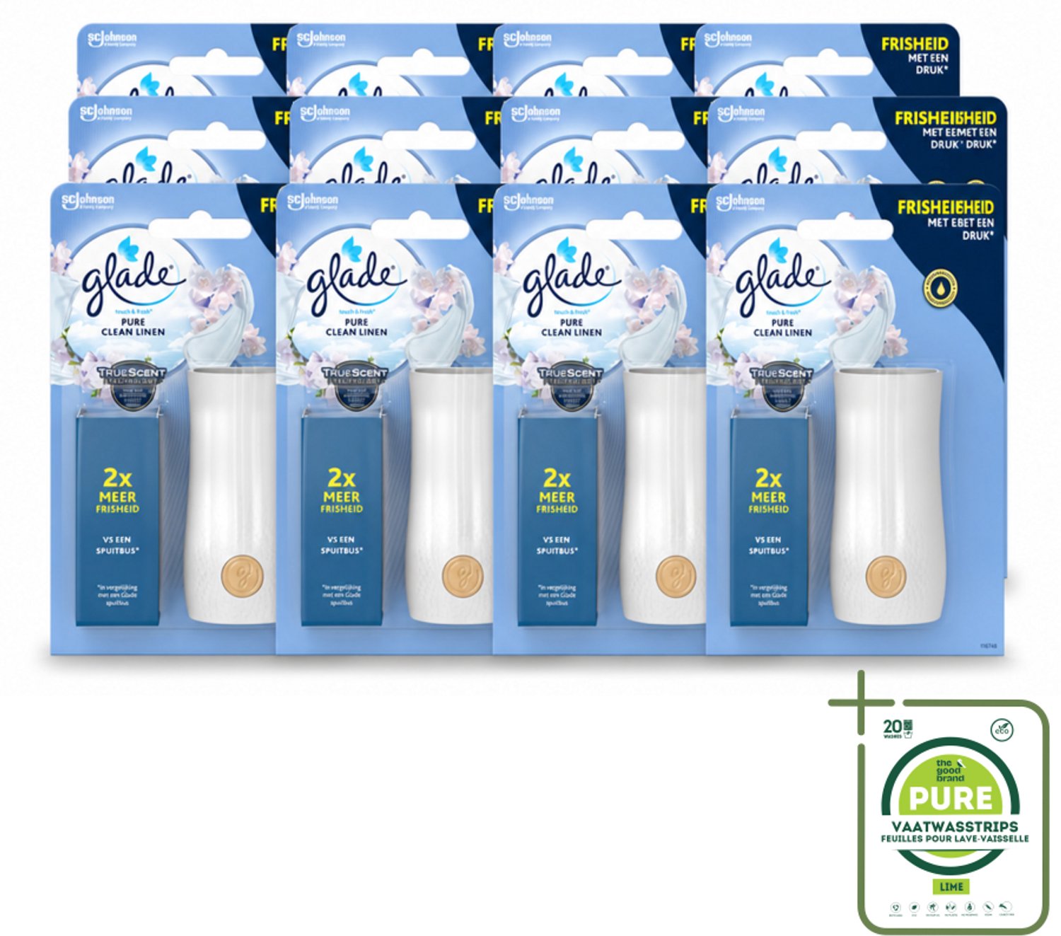 12 x Glade - Houder Touch & Fresh - Pure Clean Linen - 10 ml - Grootverpakking - Vaatwasstrips - Frisse Geur - Linnengoed - Touch & Fresh - Geurverspreiding - Ruimte Verfrissen