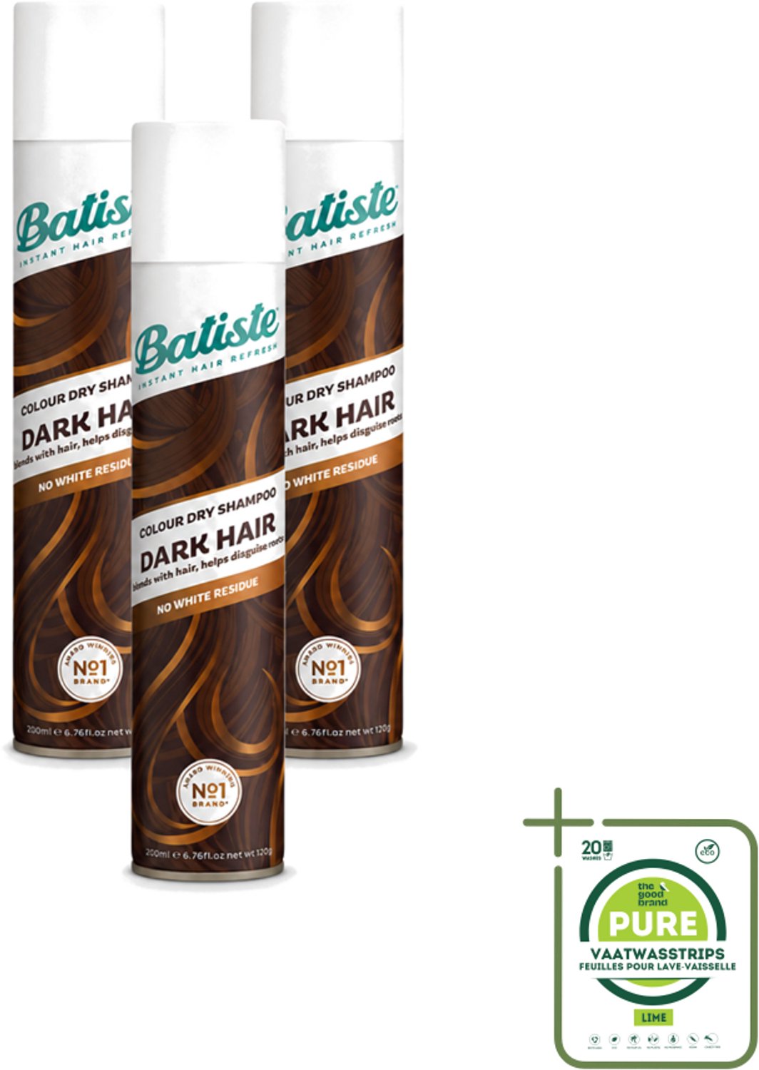 3 x Batiste - Dark & Deep Brown - Droogshampoo - Speciaal Voor Donkerbruin Haar - Verfrist en Geeft Volume - 200ml - Grootverpakking - Vaatwasstrips - Donker Haar - Droogshampoo - Haarkleur - Haarkleurbeurt - Haarkleur Verfrissen