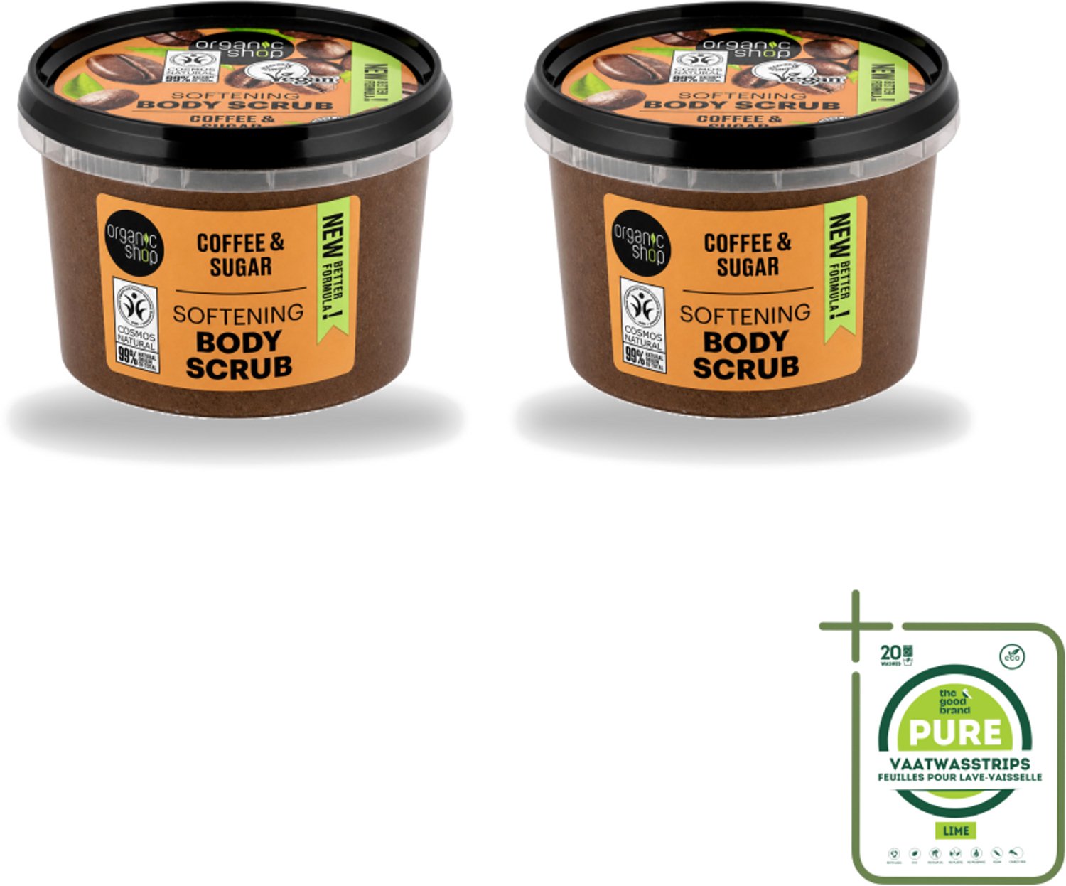 2 x Organic Shop - Organic Coffee & Sugar Body Scrub - Hydraterend en Peeling - 250 ml - Grootverpakking - Vaatwasstrips - Bodyscrub - Natuurlijke Peeling - Koffieolie - Suiker Peeling - Huid Verzorging