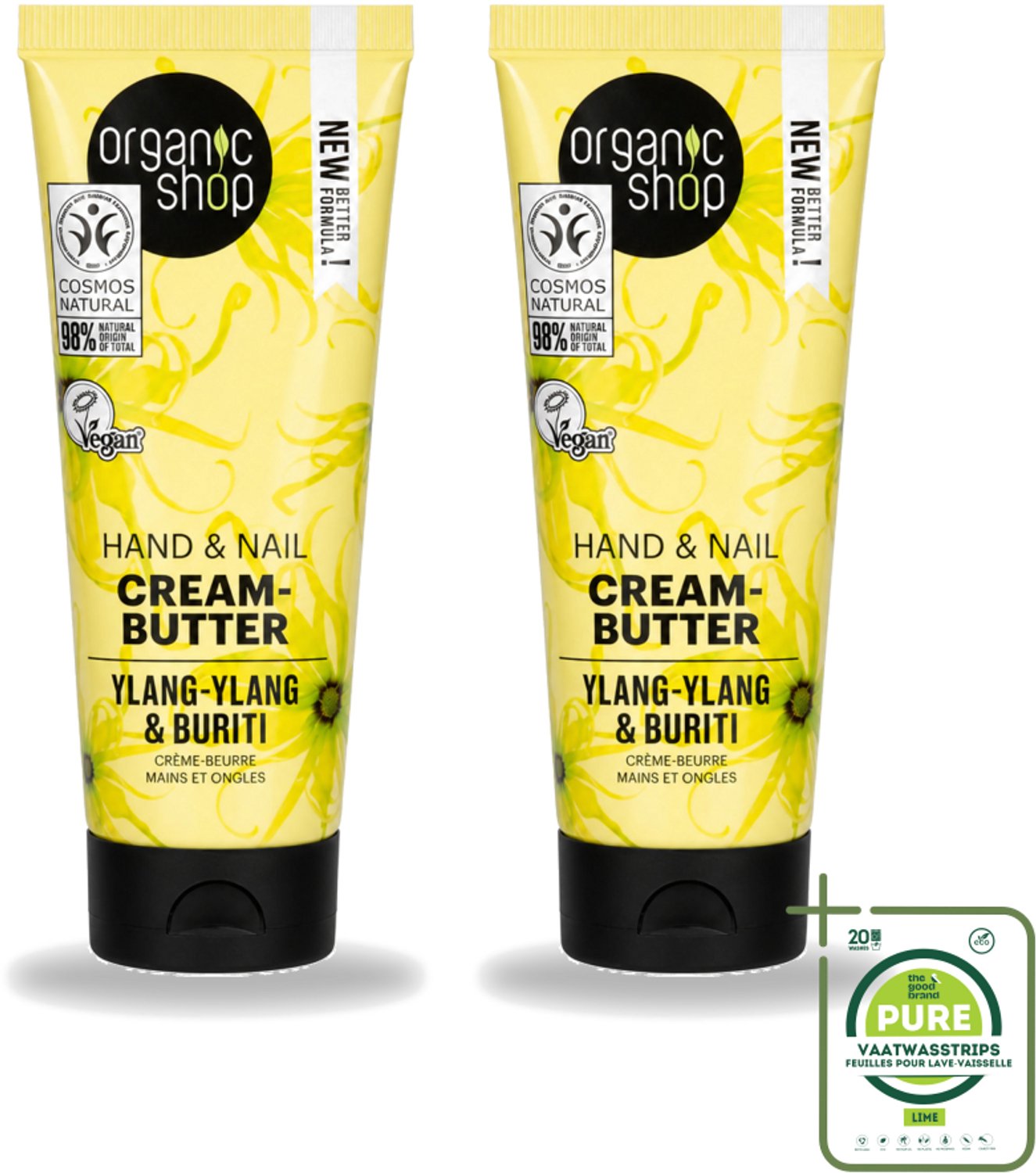 2 x Organic Shop - Ylang-Ylang & Buriti Hand & Nail Cream - Verzachtend en Herstellend - 75 ml - Grootverpakking - Vaatwasstrips - Handcrème - Nagelcrème - Ylang-ylang - Buriti Olie - Natuurlijke Handverzorging