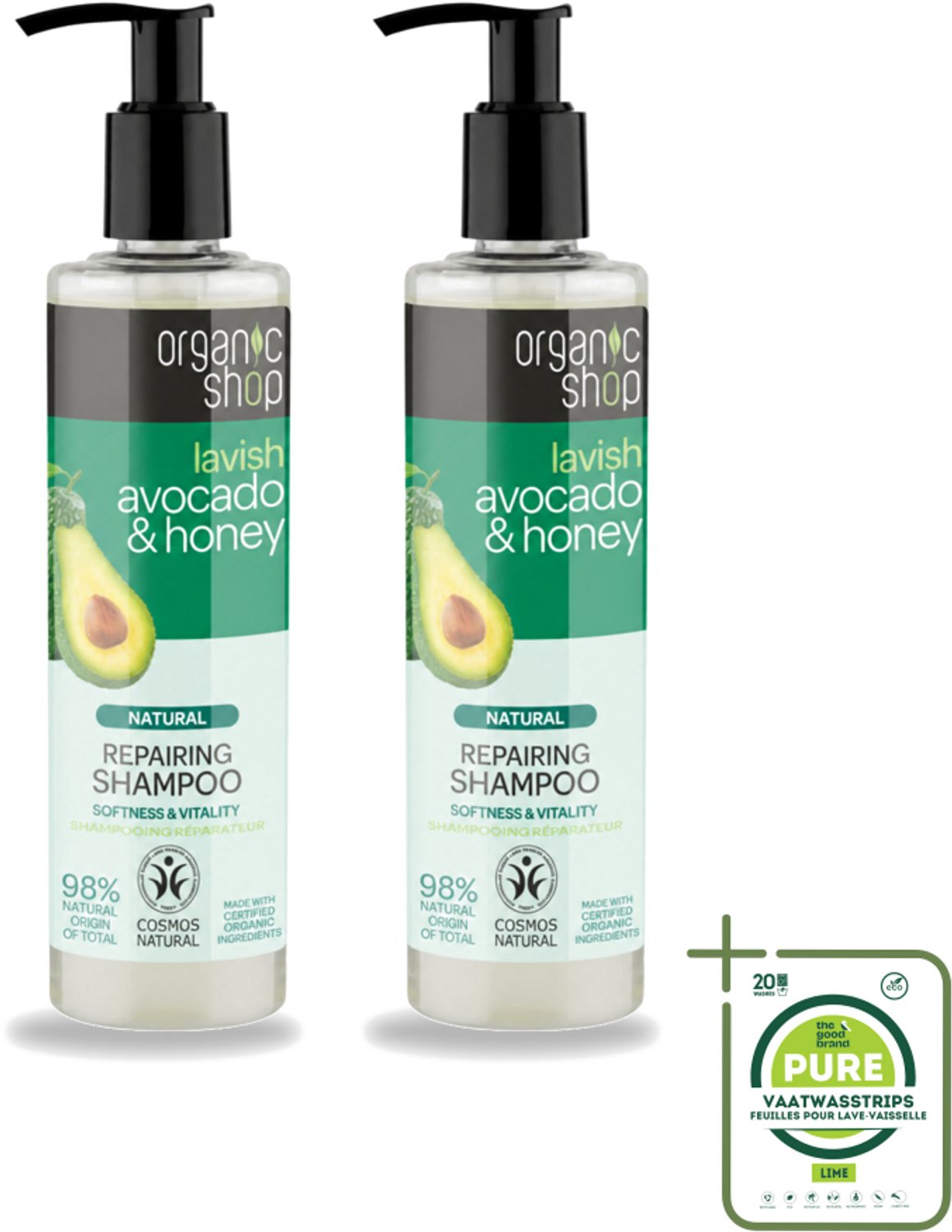2 x Organic Shop - Natural Repairing Shampoo - Avocado & Honey - Hydraterend en Herstellend - 280 ml - Grootverpakking - Vaatwasstrips - Natuurlijke Shampoo - Avocado En Honing - Herstellend Haar - Hydraterend Haar - Droog Haar