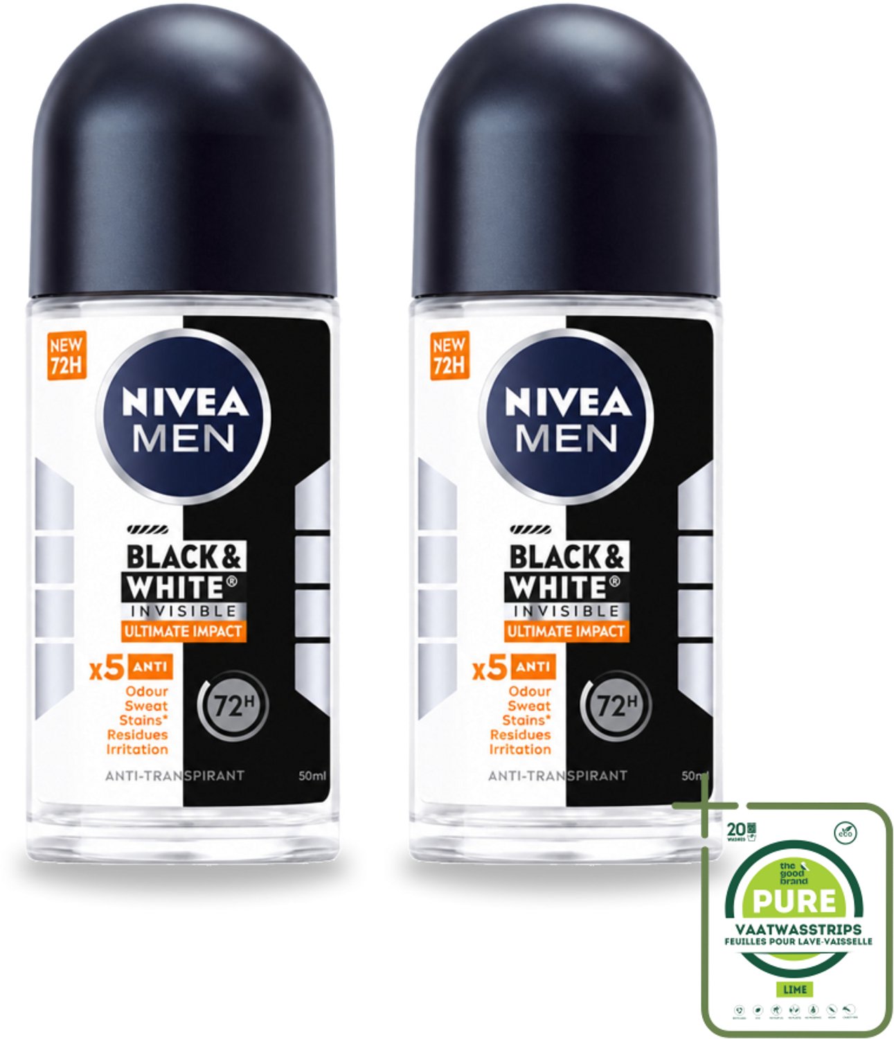 2 x NIVEA MEN - Deodorant Roller - Black & White Ultimate Impact - 50 ml - Grootverpakking - Deodorant - Zweetbestendig - Anti-vlekken - Kledingbescherming - Huidbescherming