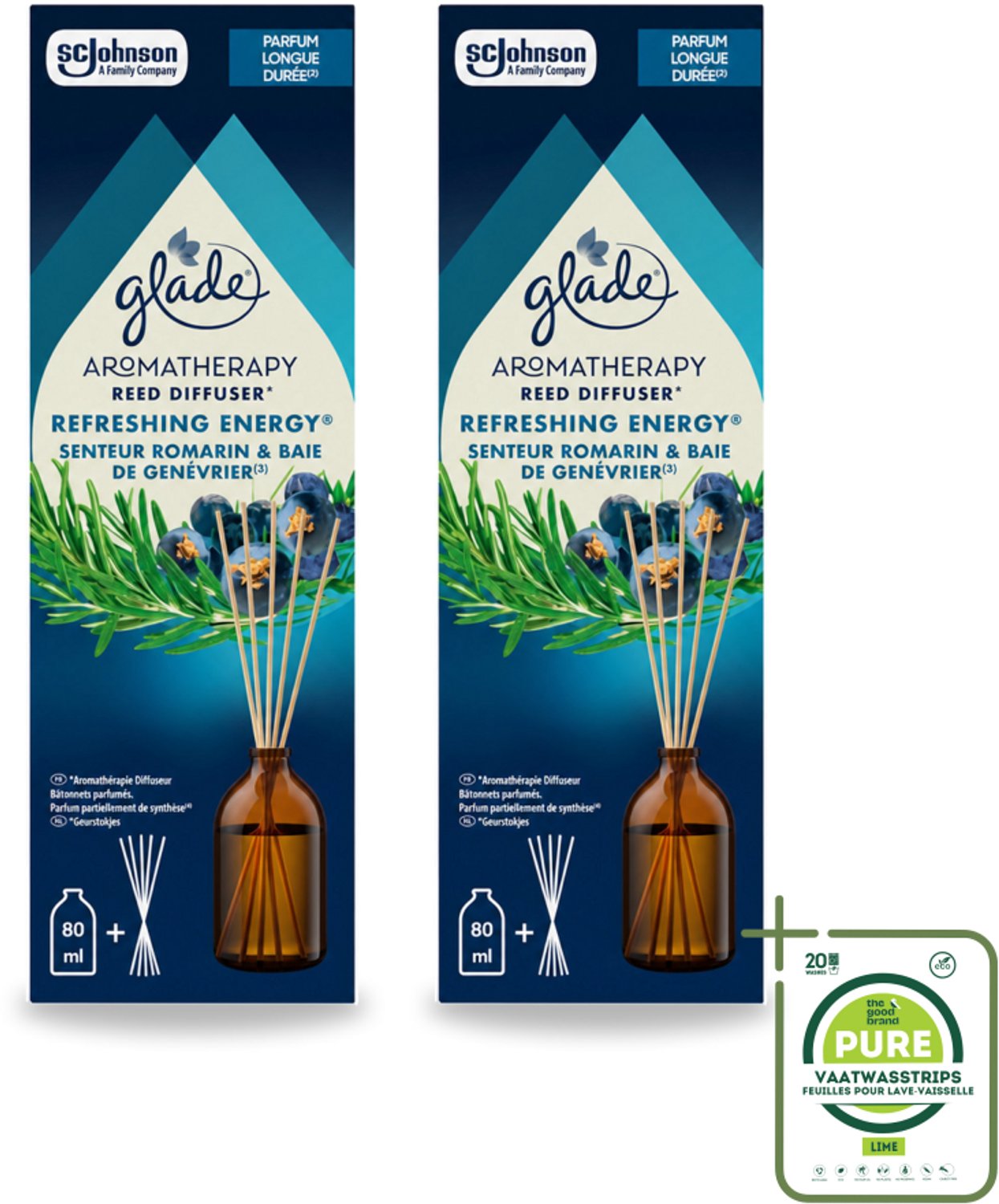 2 x Glade - Geurstokjes Verfrissende Energie - Aromatherapie Geurverspreiding - 80 ml - Grootverpakking - Vaatwasstrips - Geurstokjes - Energie - Fris - Geur - Aromatherapie