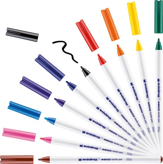 Set van 10 edding textielstiften met ronde punt, 1 mm. Kleuren: zwart, blauw, rood, oranje, geel, groen, roze, bruin.