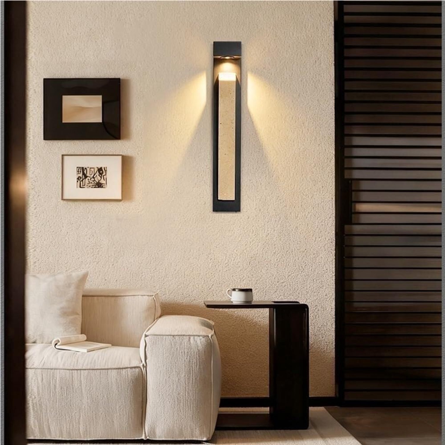 Zwarte koolstofstaal buitenwandlamp met gele travertijnsteen, waterdicht, ideaal voor slaapkamer, binnenplaats, veranda, tuin, oprit, buitendecoratie voor villa, hals