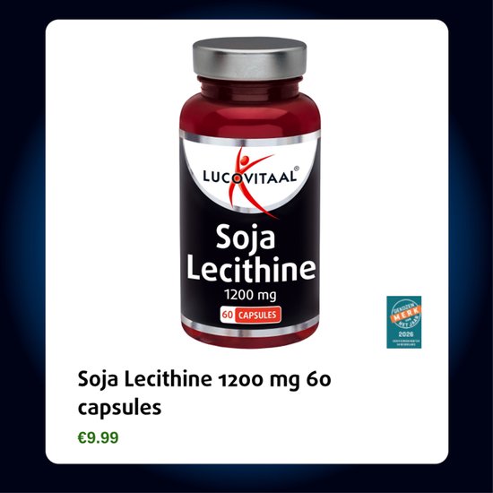 Rode capsulefles met zilveren dop. Label met 'Lucovitaal Soja Lecithine 1200 mg 60 capsules' en een 'Gekozen Merk' sticker.