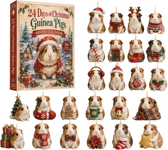 Kerst adventskalender met 24 cavia ornamenten, elk met een feestelijk kerstthema.
