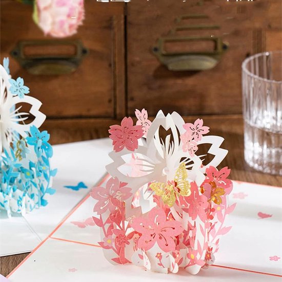 3D pop-up verjaardagskaart, Valentijnsdagkaart voor verliefden, familie en vrienden, roze bloemenmand, romantische en warme kaart voor verjaardag, bruiloft, jubileum, verloving, vouwkaart met envelop — afbeelding 4