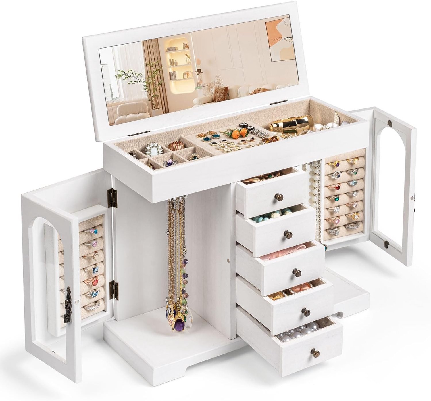 Grote Houten Sieradenbox met Spiegel, Organiser voor Ringen, Oorbellen, Armbanden en Kettingen, Perfecte Opbergruimte voor Sieraden en Horloges