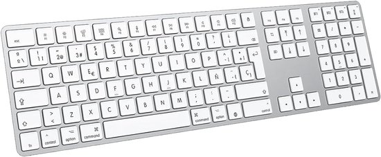 Draadloos, zilver en wit toetsenbord van volledig formaat met numeriek toetsenblok en Mac-specifieke lay-out.
