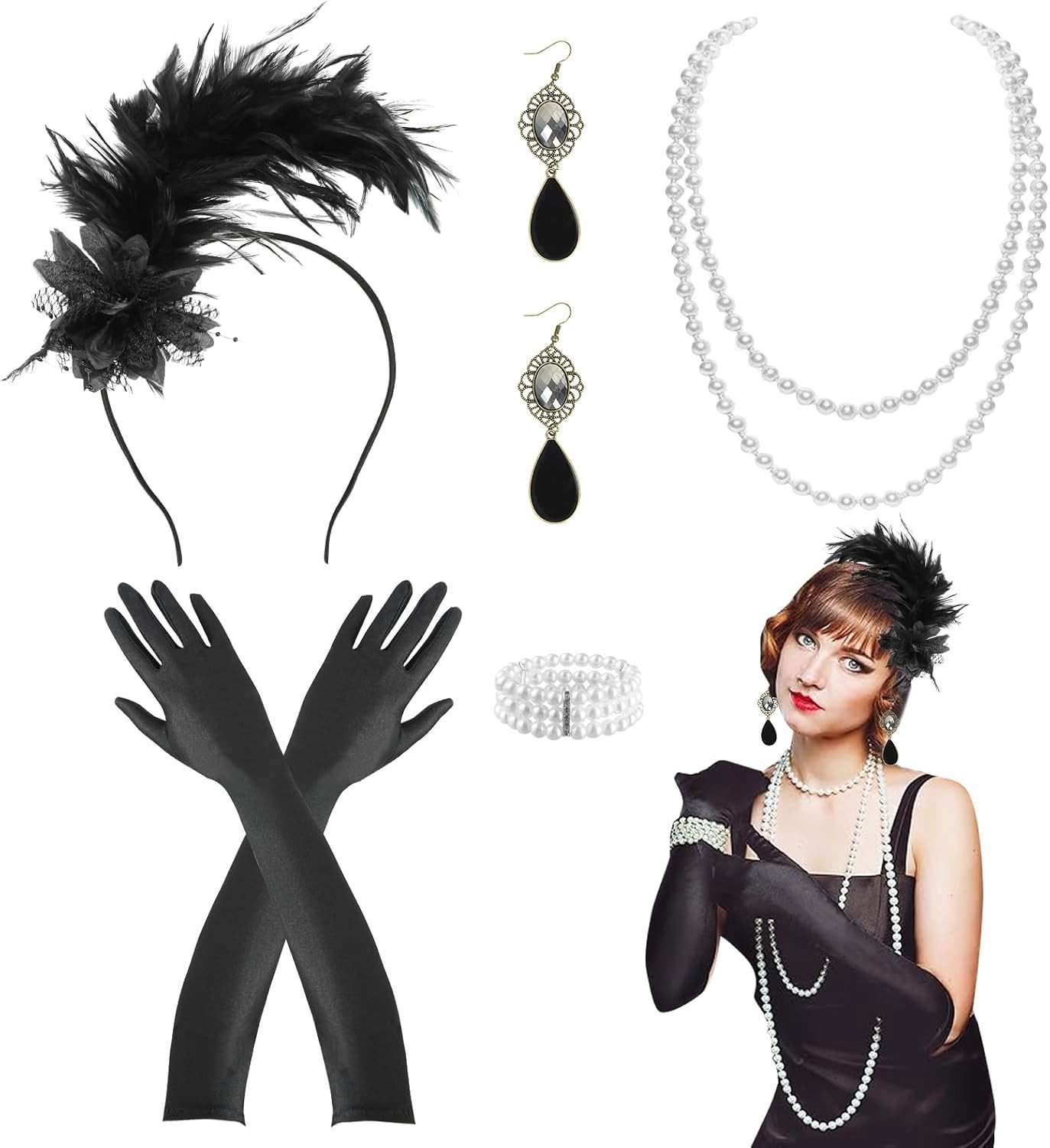1920s Kostuumset met 6 Stukken, Accessoires voor Great Gatsby, Inclusief Oorbellen, Ketting, Veer Haarband, Armband en Handschoenen voor Halloween, Carnaval en Cosplay