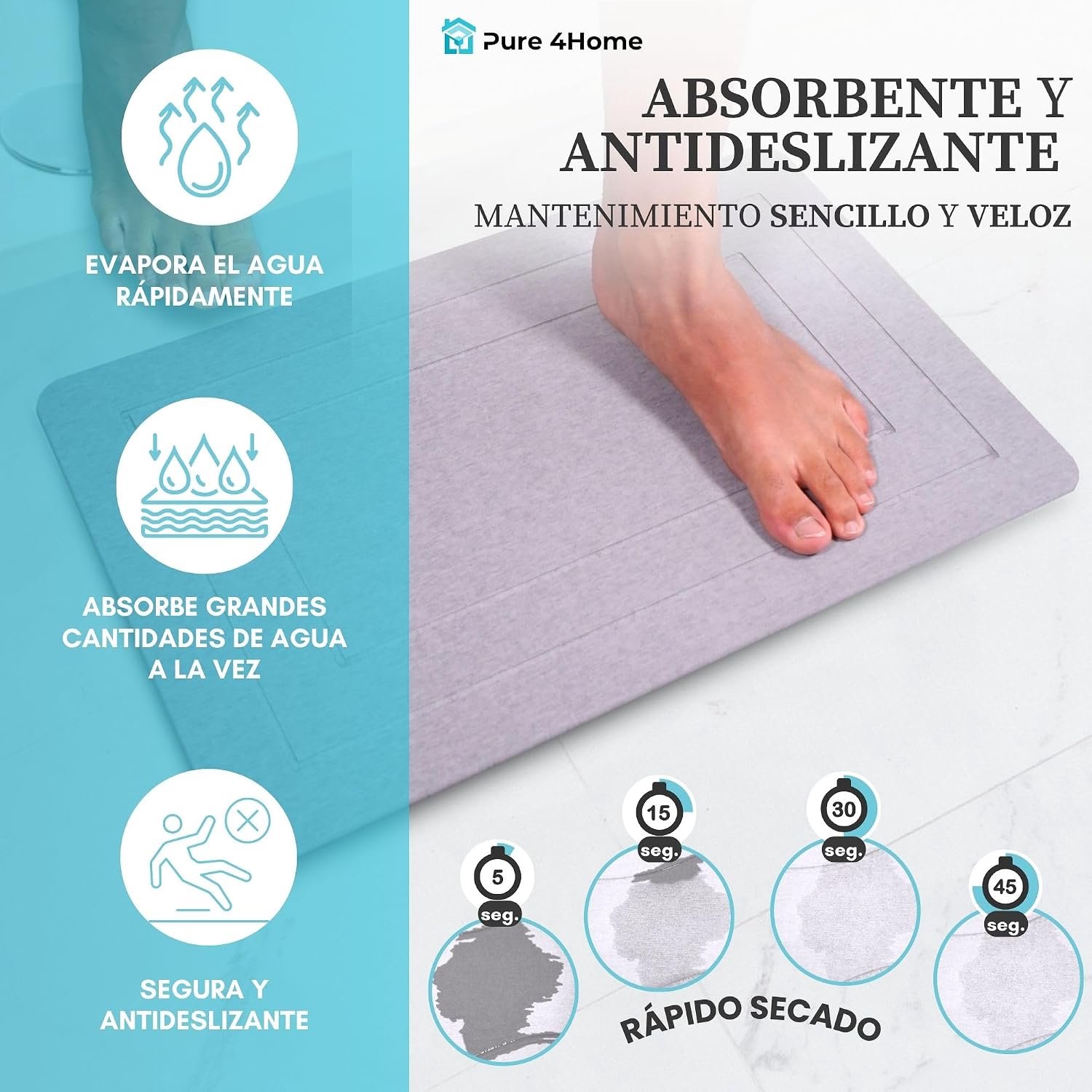 Diatomiet Steen Badmat Anti-slip (60 x 39 cm)| Sneldrogende Douchemat Super Absorberend | Badkamer Vloerkleed Schimmelwerend & Hygiënisch | Stone Bath Mat (Grijs Geblokt)