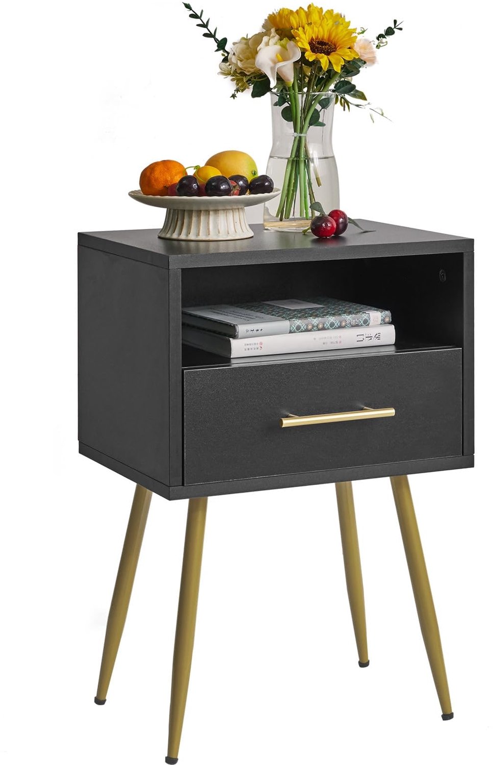 Duraxl Nachtkastje, Mid-Century Modern nachtkastje met poten, minimalistische en praktische bijzettafel Zwart