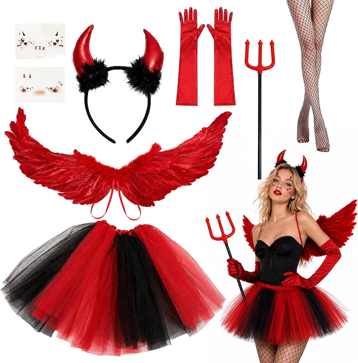 Engelkostuum rood duivelskostuum voor dames en meisjes, engelenvleugels met rode vleugels, duivelshoorns, hooivork, tutu, rok, handschoenen en netkousen, engel en duivel, voor Halloween