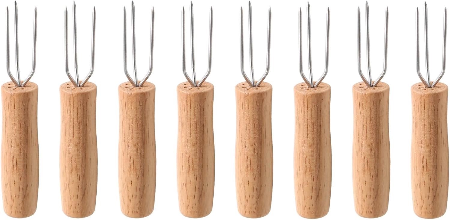 Aardappelvorken Set - Hout en Roestvrij Staal - 8 Stuks - Duurzaam en Hygiënisch Keukengerei - Voor Groenten en Maïskolven