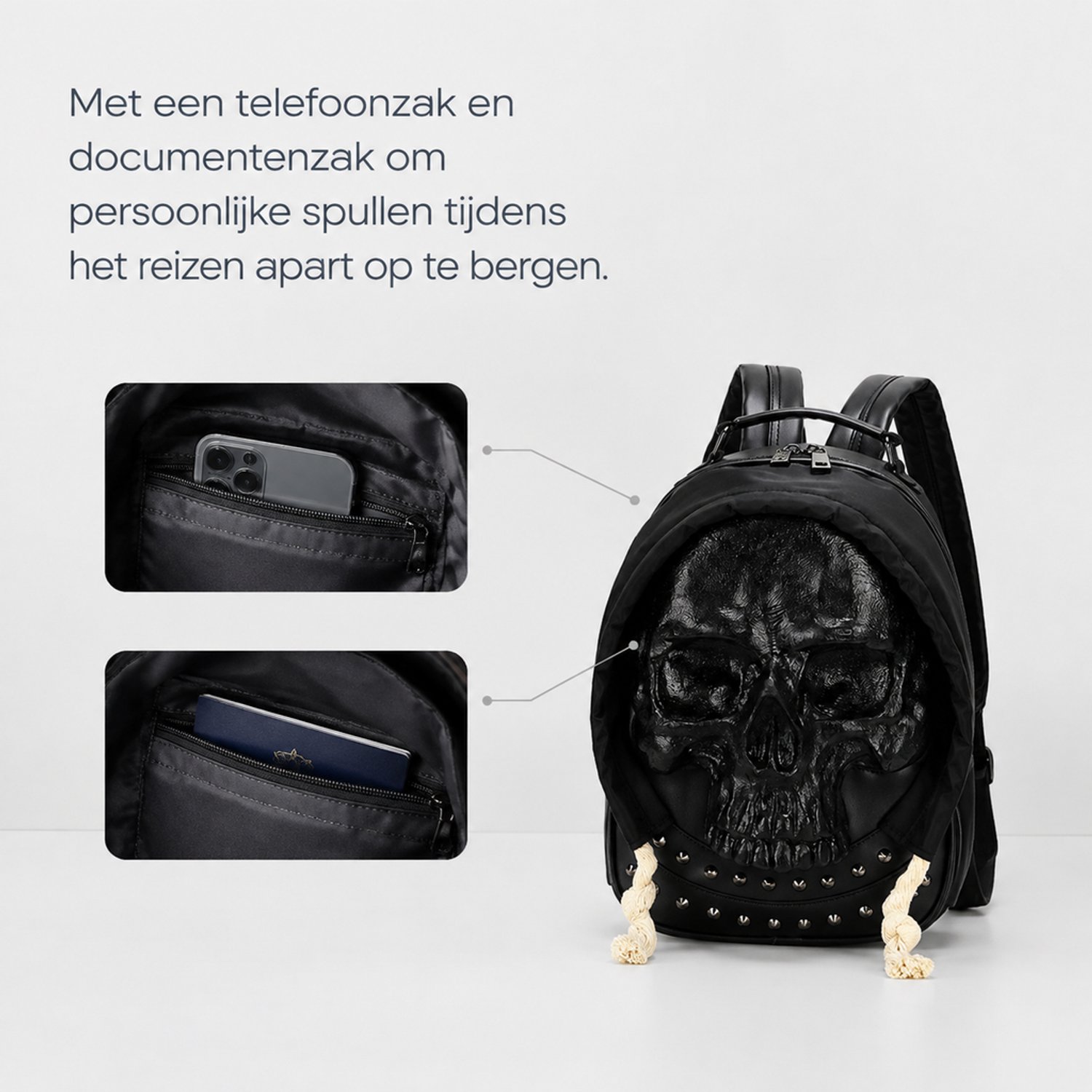 Rugzak - zwart met 3D-schedelmotief - voor vrije tijd en reizen
