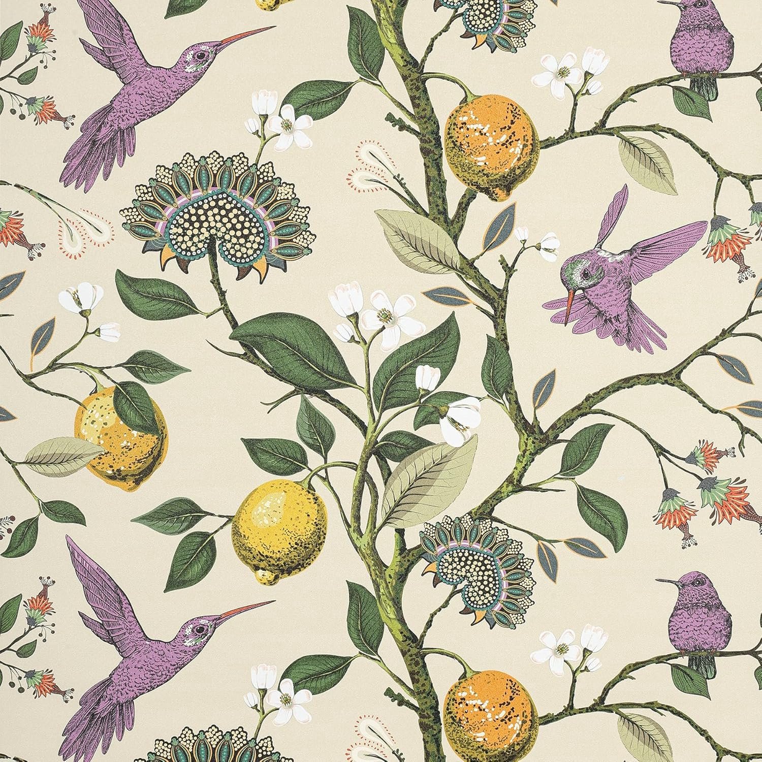 Decotalk Adhesive Film, 44.5 x 900 cm, Floral Pattern, Beige, Violet, Bird and Lemon Tree, Timeless Decorative Film - ShopVlot