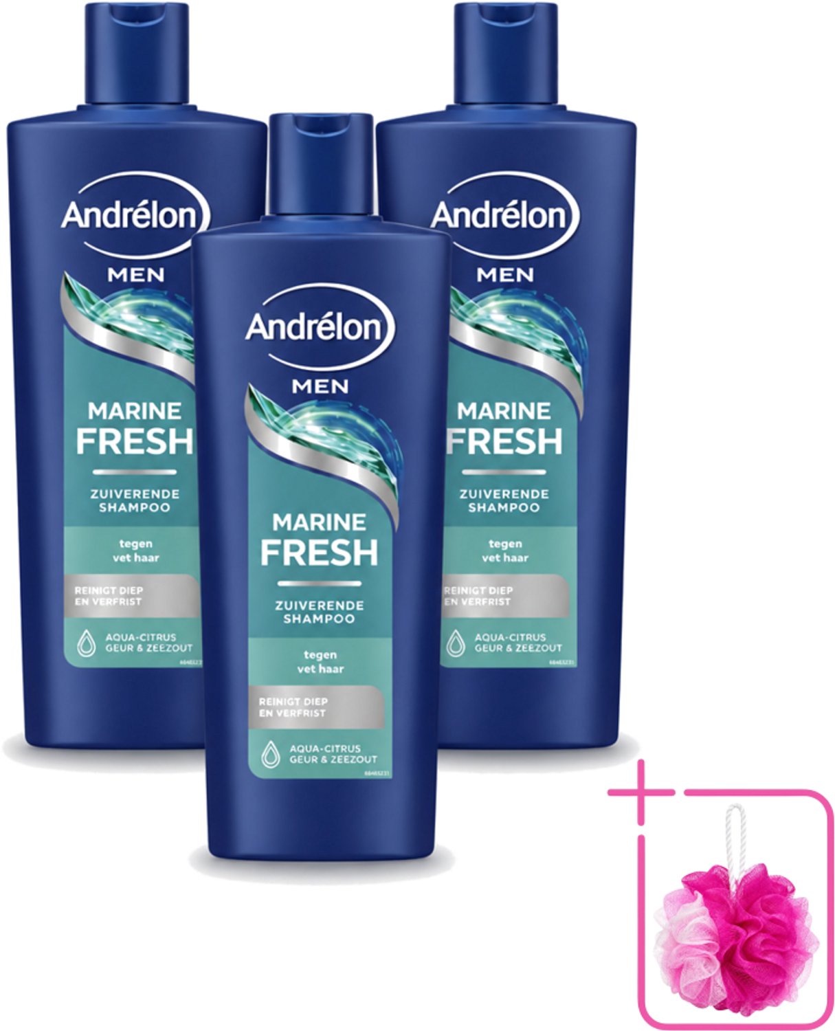 3 x Andrélon – Shampoo – Marine Fresh Men – 400 ml - Bulkverpakking - Mannelijk haar reinigen - Douchemop - Vet haar verwijderen