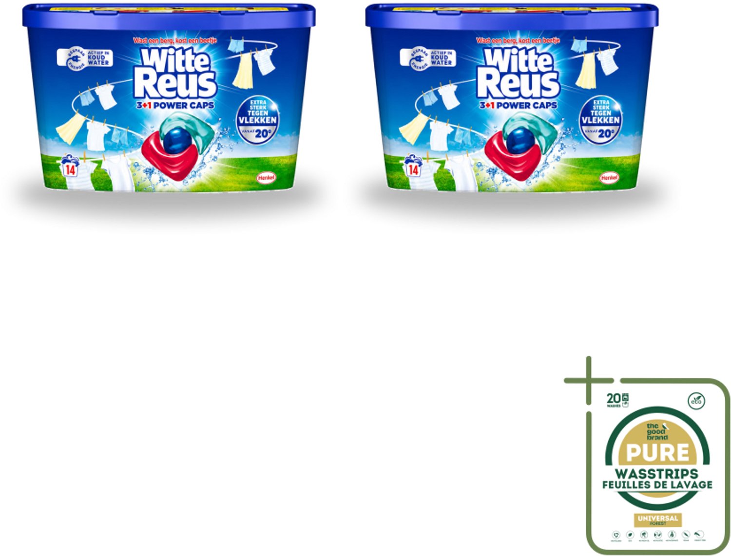 2 x Witte Reus - Wasmiddel - Power Caps 3+1 - 14 Capsules - Wasstrips - Wasmiddel - Power Caps - Witmaken - Wasresultaat - Wasgoed