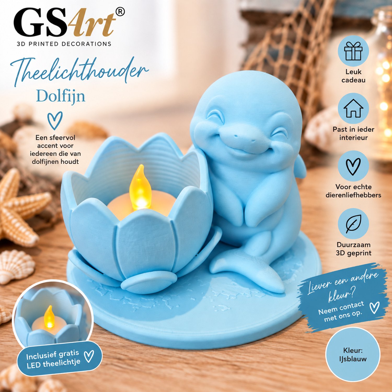 GSArt Theelichthouder Dolfijn – 3D Geprinte Woondecoratie – Inclusief LED Theelichtje - Mat IJsblauw