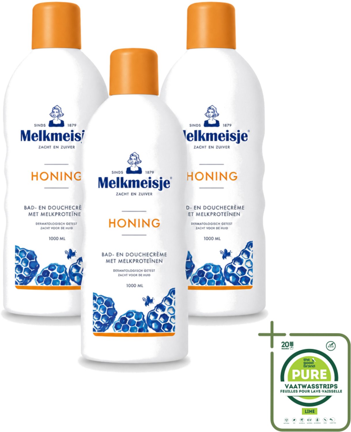 3 x Melkmeisje – Bad & Douche – Honing – 1000 ml - Grootverpakking - Vaatwasstrips - Bad En Douche Crème - Honing Crème - Natuurlijke Honing - Voedende Crème - Gezonde Huid