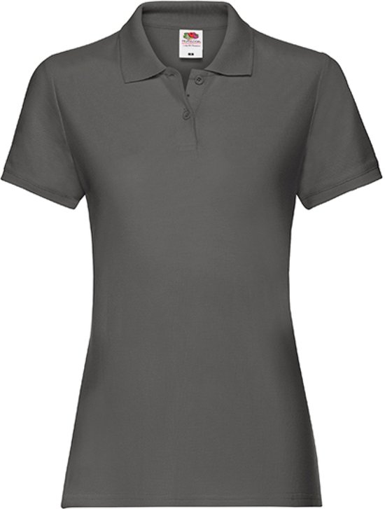 Donkergrijze Fruit of the Loom poloshirt voor dames met korte mouwen, kraag en knoopsluiting.