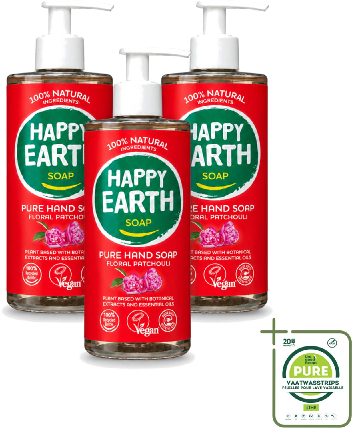 3 x Happy Earth – Handzeep – 100% Natuurlijk Floral Patchouli – 300 ml - Grootverpakking - Vaatwasstrips - Natuurlijke Handzeep - Vegan Handzeep - Handzeep Met Patchouli - Bloemige Handzeep - Huidvriendelijke Handzeep