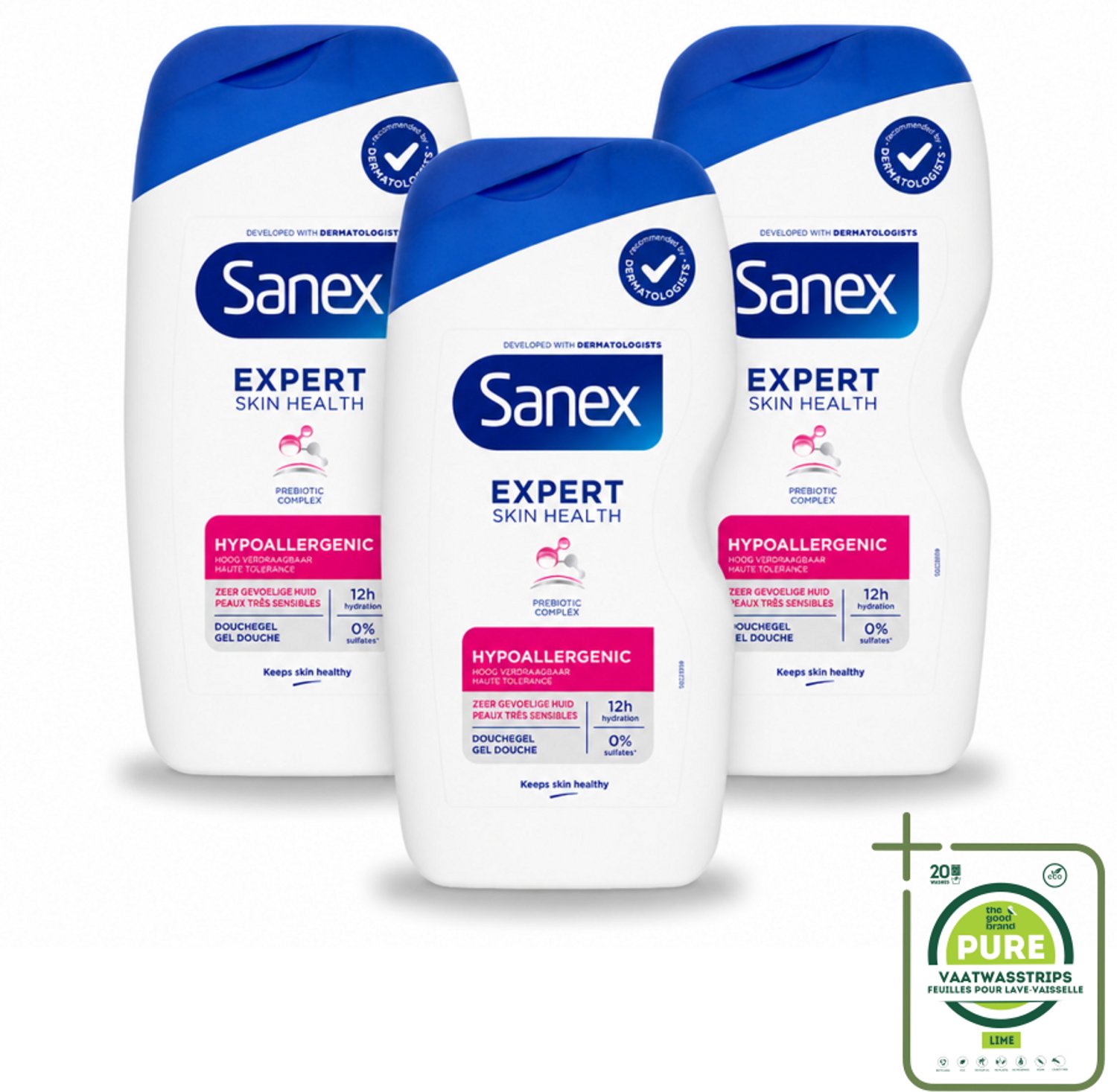 3 x Sanex – Douchegel – Expert Skin Health Hypoallergeen – 400 ml - Grootverpakking - Vaatwasstrips - Gevoelige Huid - Hypoallergenisch - Douchegel - Huidbarrière - Pre- En Postbiotica