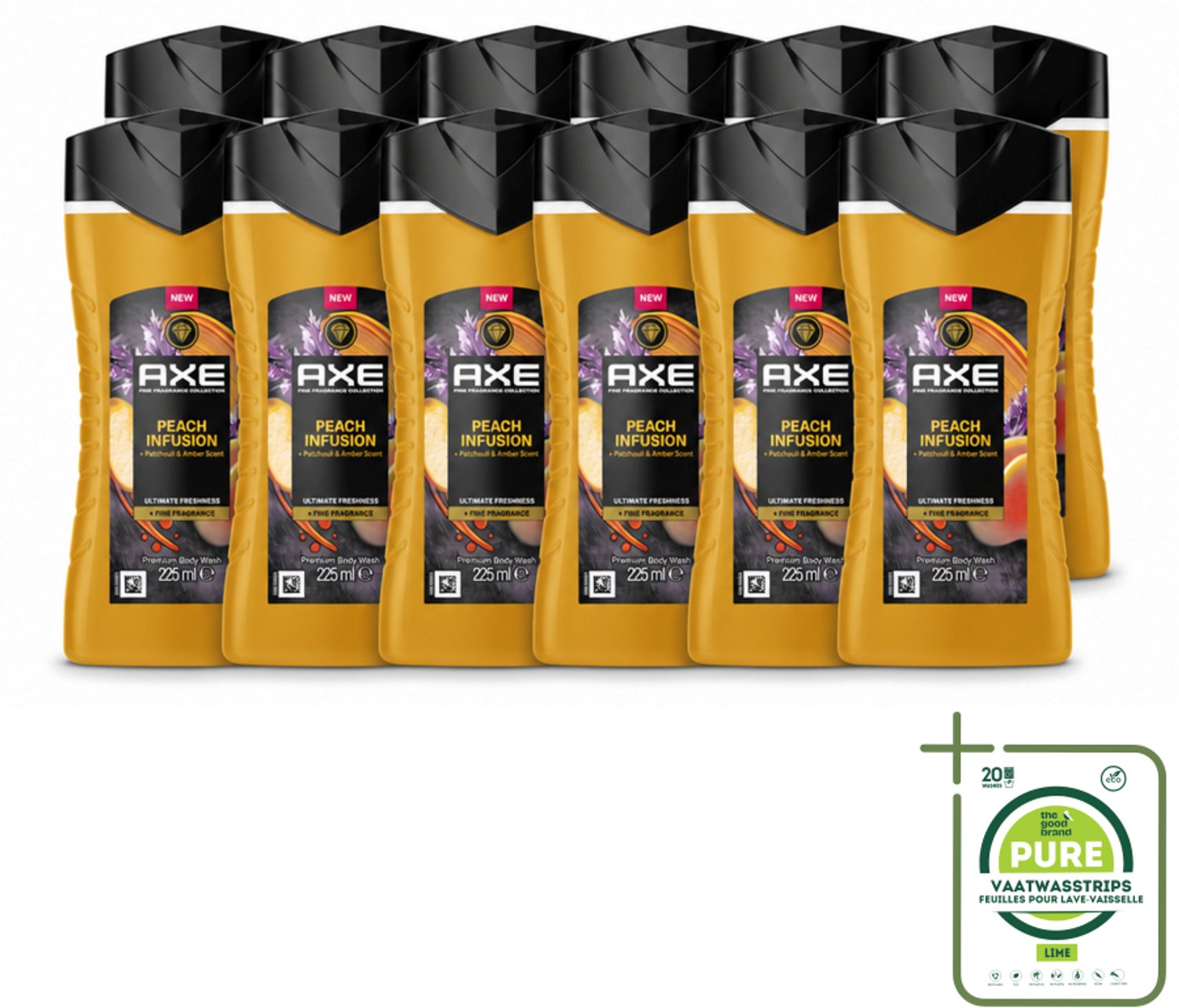 12 x Axe – Douchegel – Peach Infusion – 225 ml - Grootverpakking - Vaatwasstrips - Douchegel - Fris Ruiken - Parfum - Patchoeli - Amber