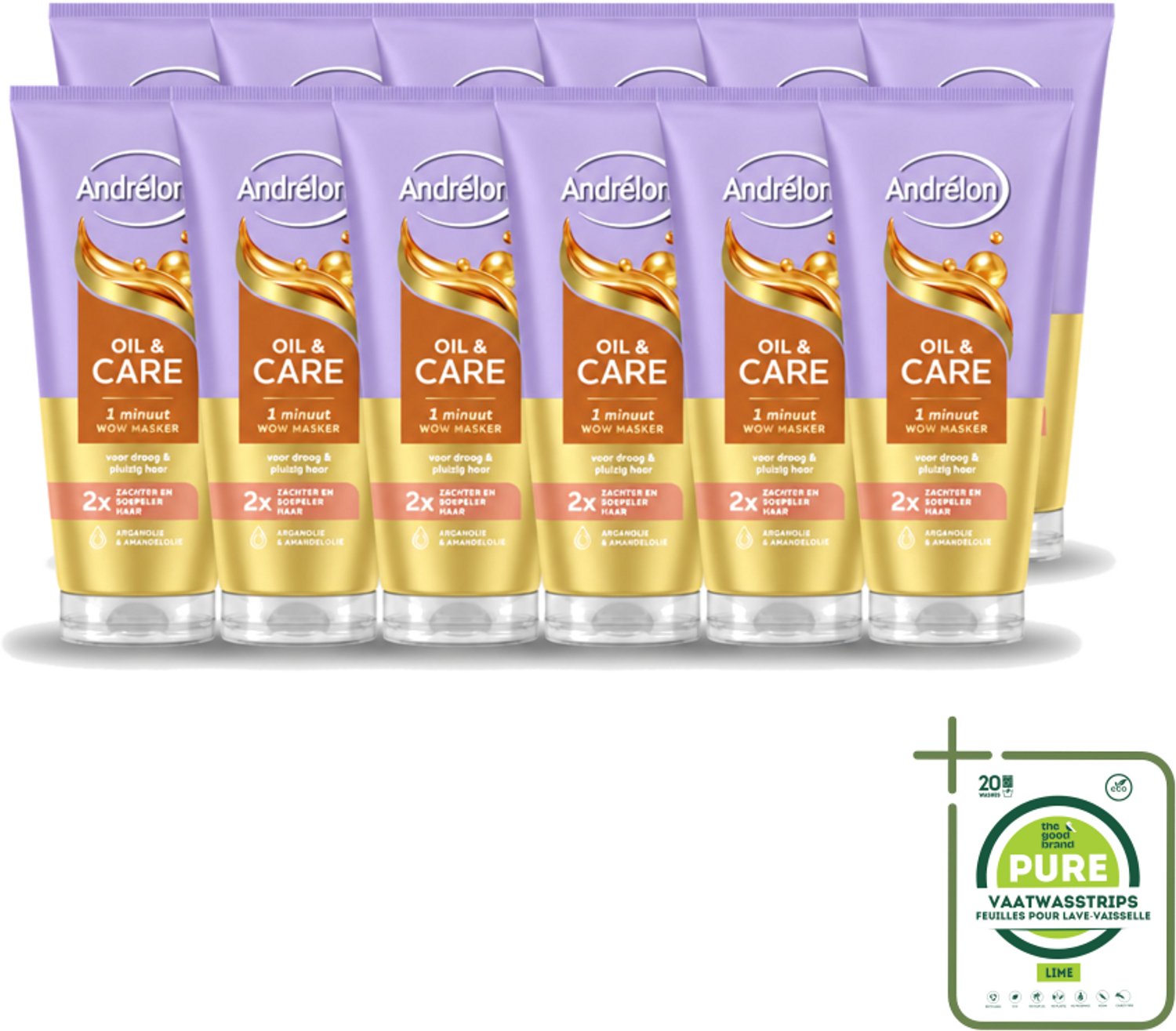 12 x Andrélon – Haarmasker WOW – Oil & Care – 180 ml - Grootverpakking - Vaatwasstrips - Haarmasker - Haar Verzorging - Droog Haar - Pluizig Haar - Arganolie