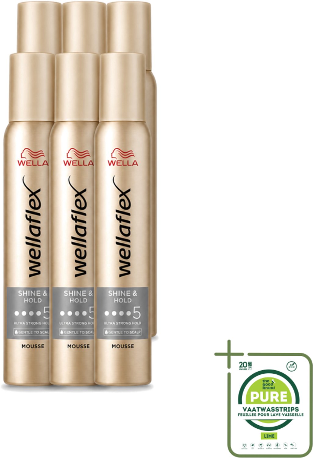 6 x Wella – Flex Shine & Hold – Haarmousse – 200 ml - Grootverpakking - Vaatwasstrips - Glans - Houdbaarheid - Haarverzorging - UV Bescherming - Vegan Haarproduct