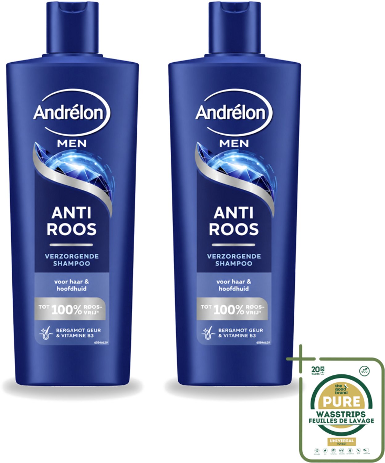 2 x Andrélon – Shampoo – Anti Roos Men – 400 ml - Wasstrips - Anti-roos Shampoo - Roosvrij Haar - Mannelijke Haarverzorging - Droge Hoofdhuid - Vitamine B3