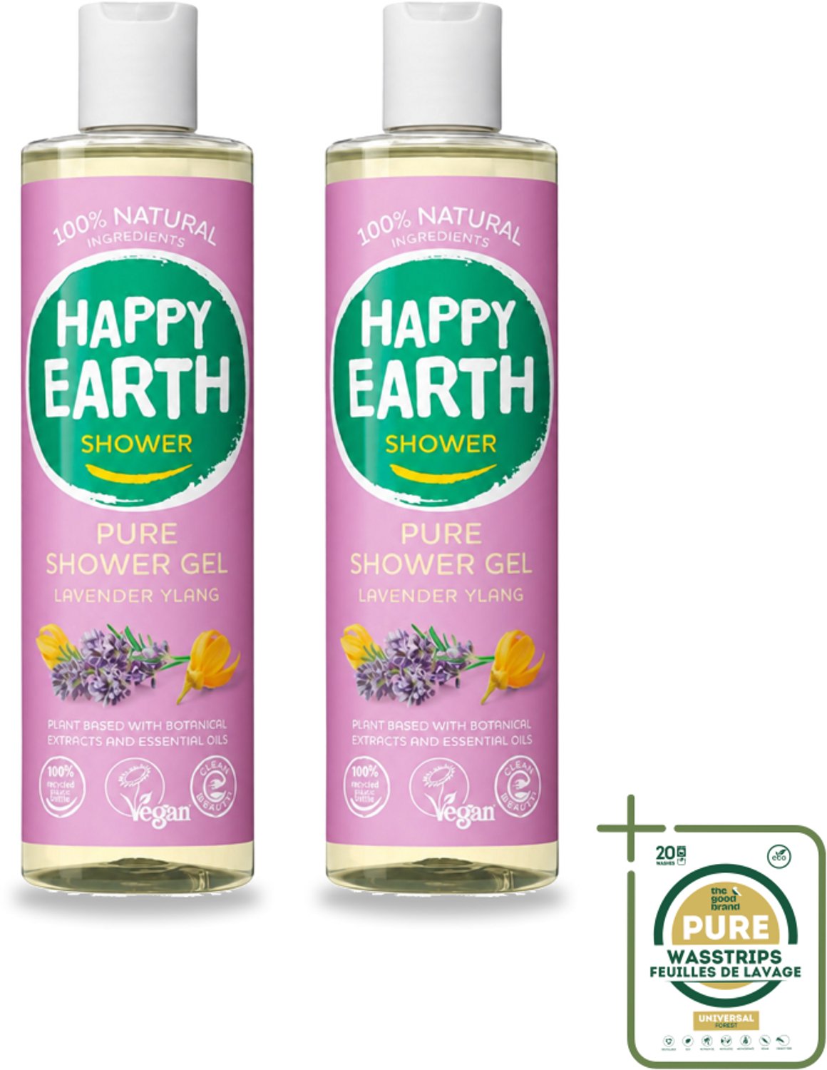 2 x Happy Earth – Douchegel – 100% Natuurlijk Lavender Ylang – 300 ml - Wasstrips - Douchegel - Natuurlijke Douchegel - Lavendel Douchegel - Ylang-ylang Douchegel - Vegan Douchegel