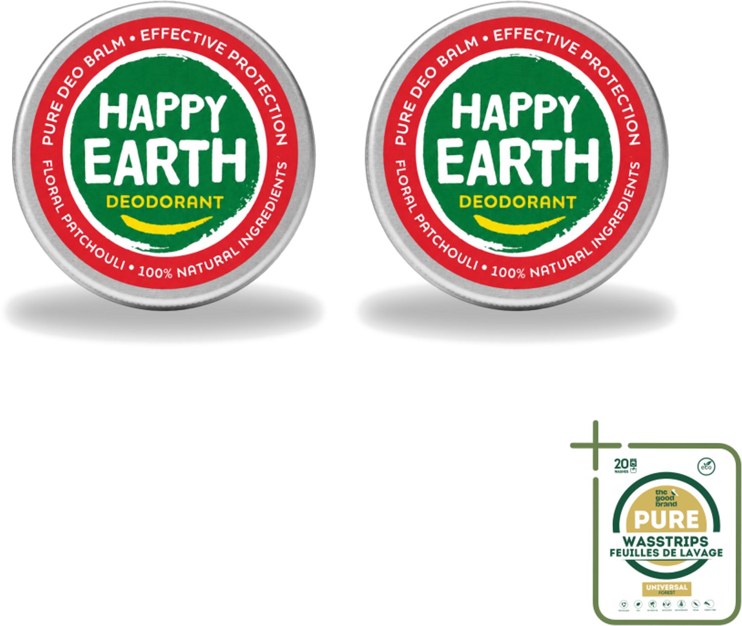 2 x Happy Earth – Deodorant Balm – 100% Natuurlijk Floral Patchouli – 45 g - Wasstrips - 100% Natuurlijke Deodorant - Bloemige Geur - Patchouli - Huidvriendelijk - Anti-geur