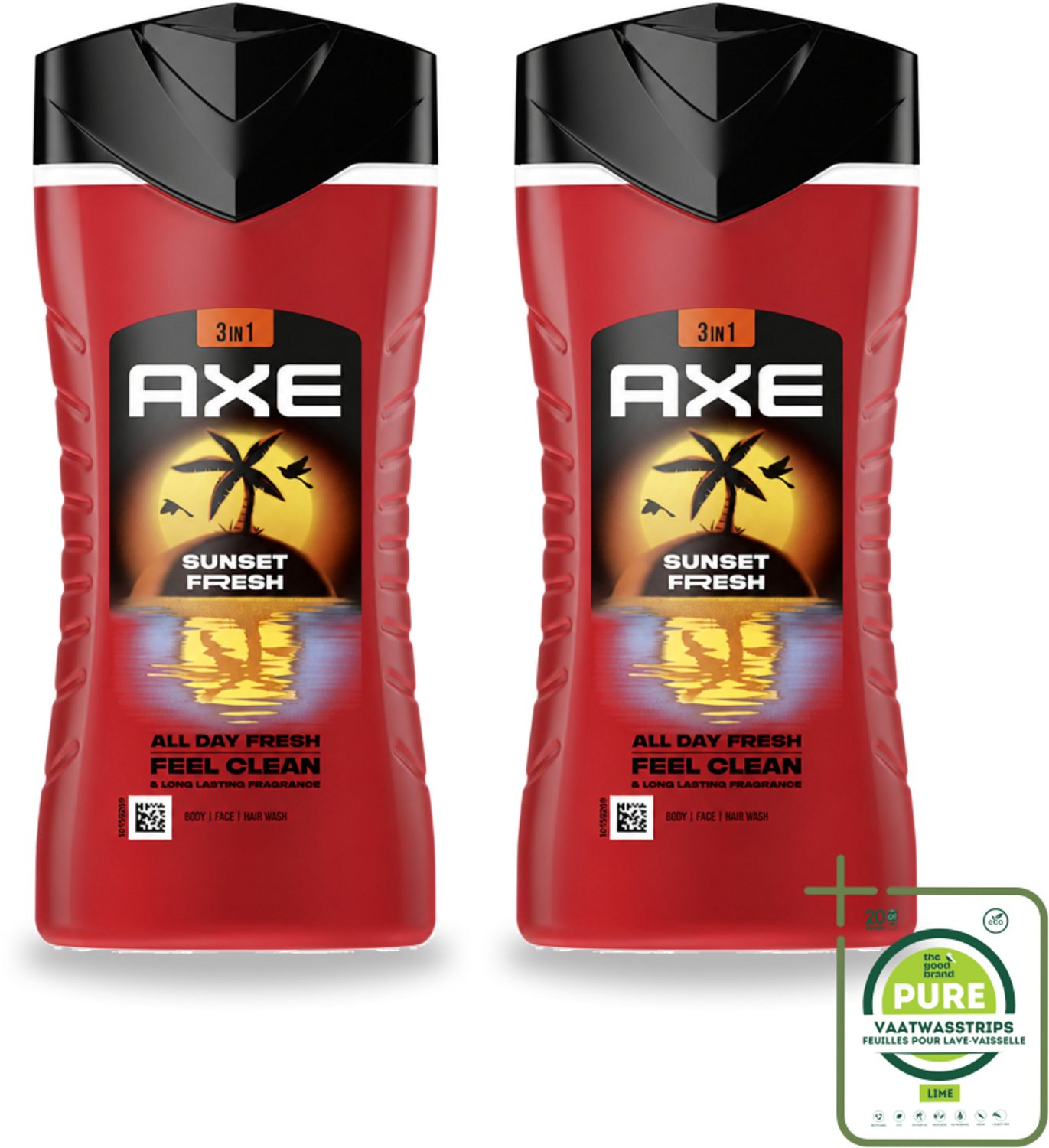 2 x Axe – Douchegel 3-in-1 – Sunset Fresh – 250 ml - Grootverpakking - Vaatwasstrips - Douchegel - Frisheid - Geur - Lichaam - Gezicht